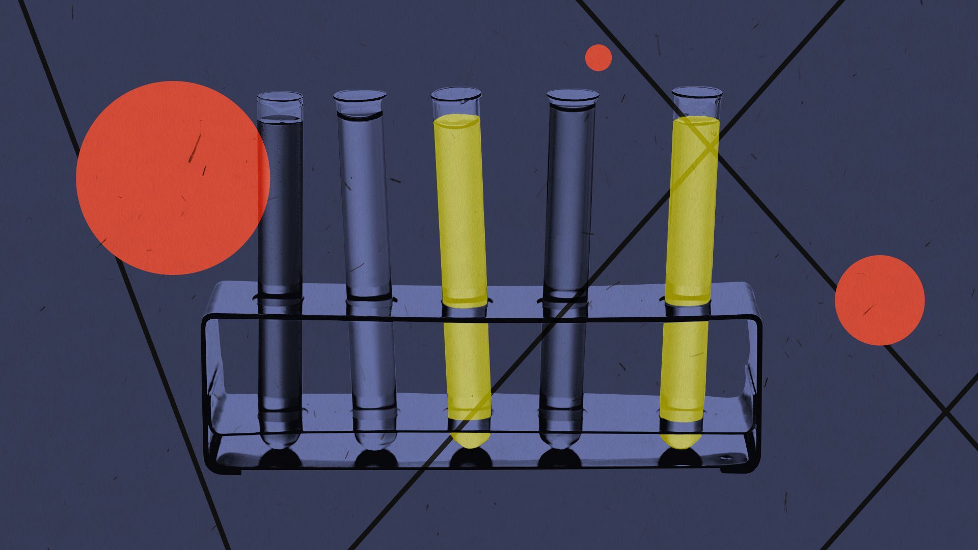Illustration of a rack of test tubes surrounded by lines and circles.  