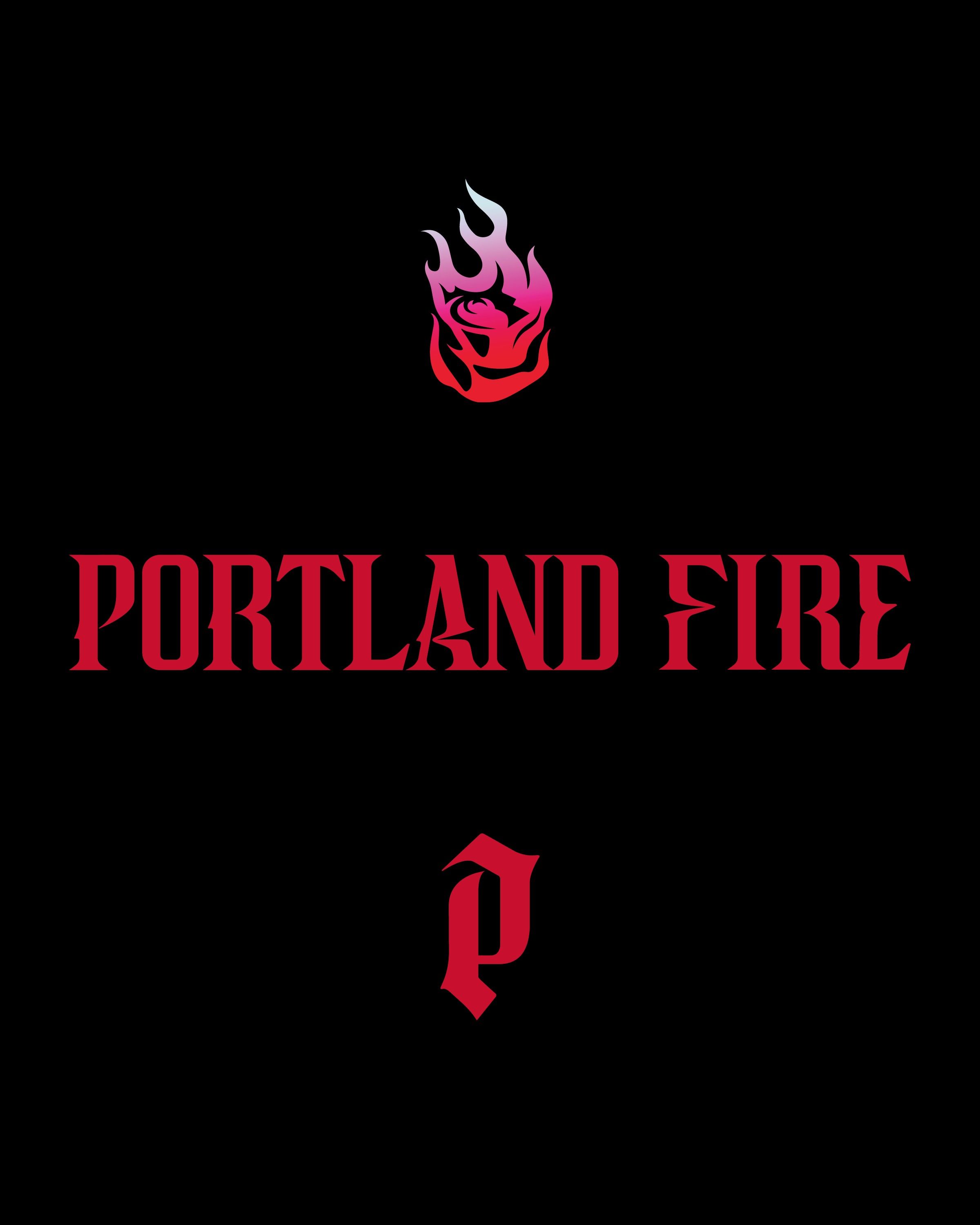 Red and pink flaming rose above red Gothic text "PORTLAND FIRE" with a stylized red letter "P" below on a black background.