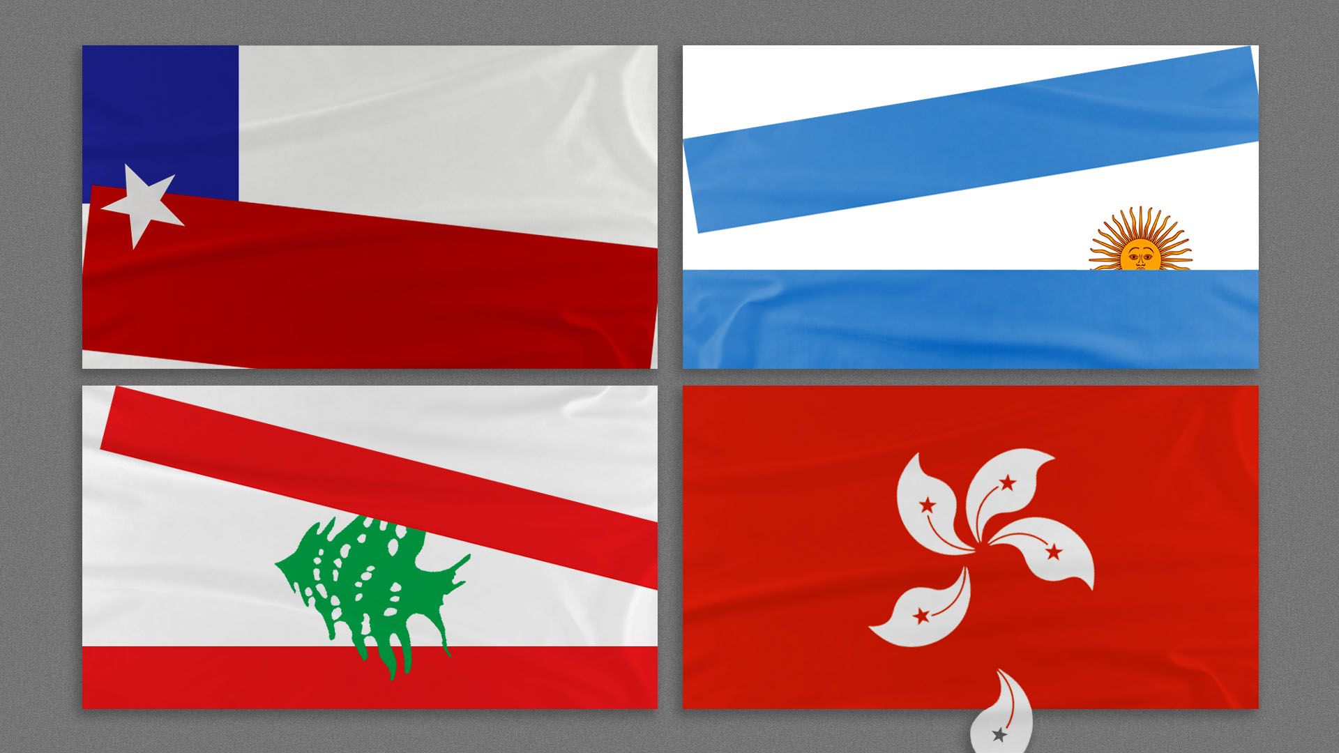 Illustration of the flags of Chile, Argentina, Lebanon, and Hong Kong, all in various states of falling apart 