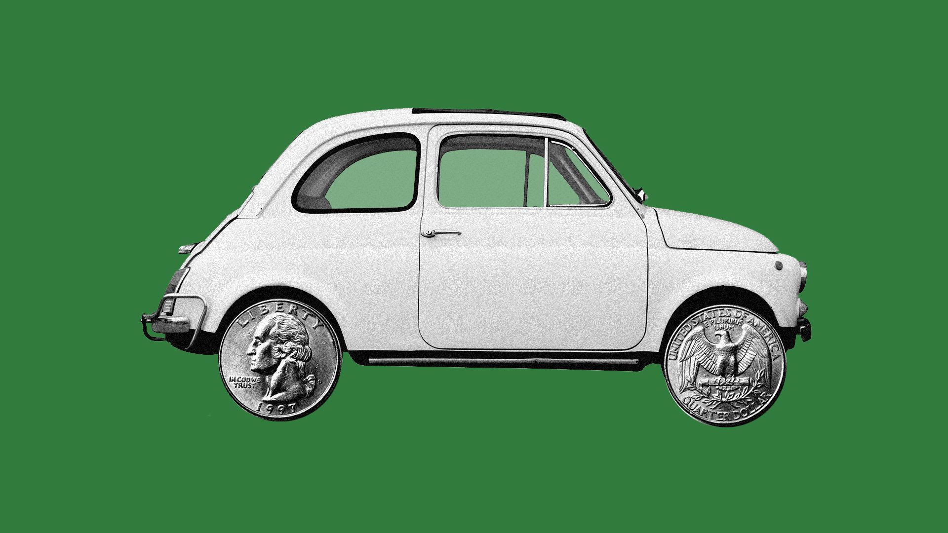 Illustration of a car with quarters for wheels