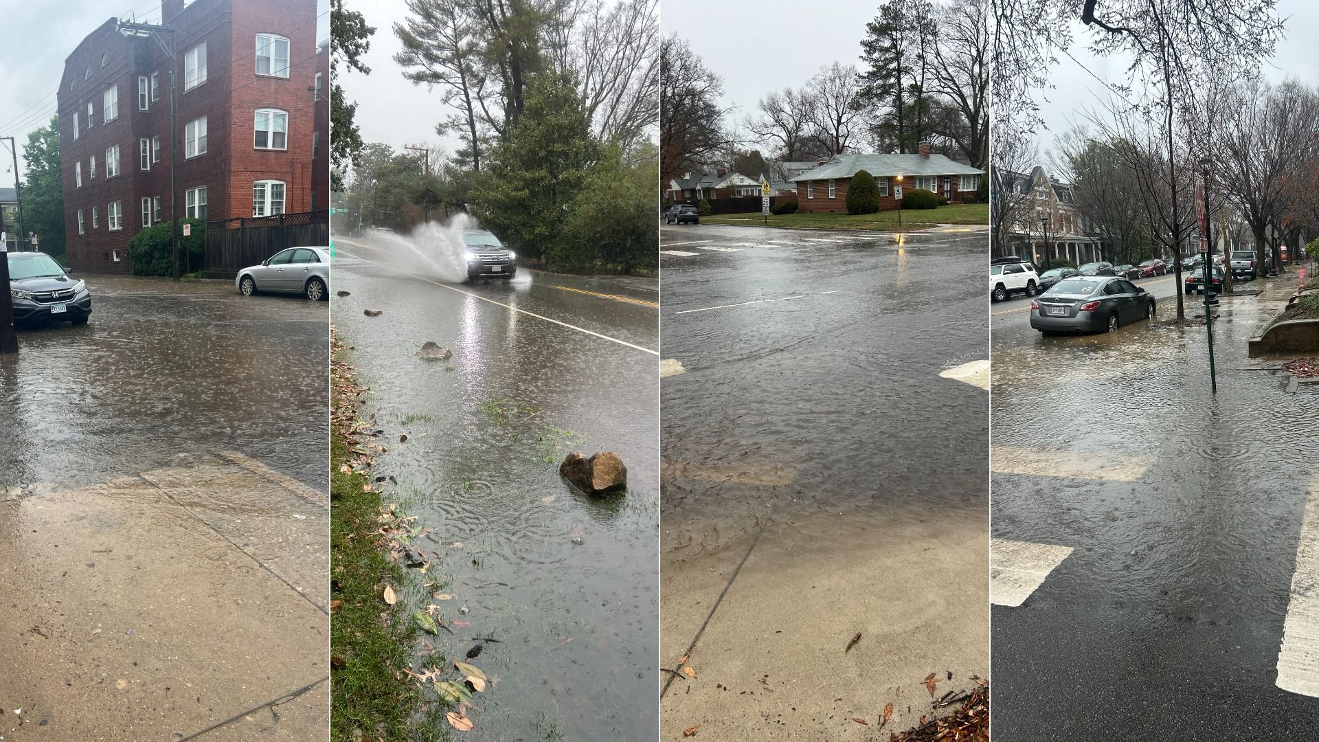 Collage of flooded city streets after rain: red brick apartment block with cars in water; car spraying water on a flooded road; submerged intersection; tree-lined street with cars in floodwater.