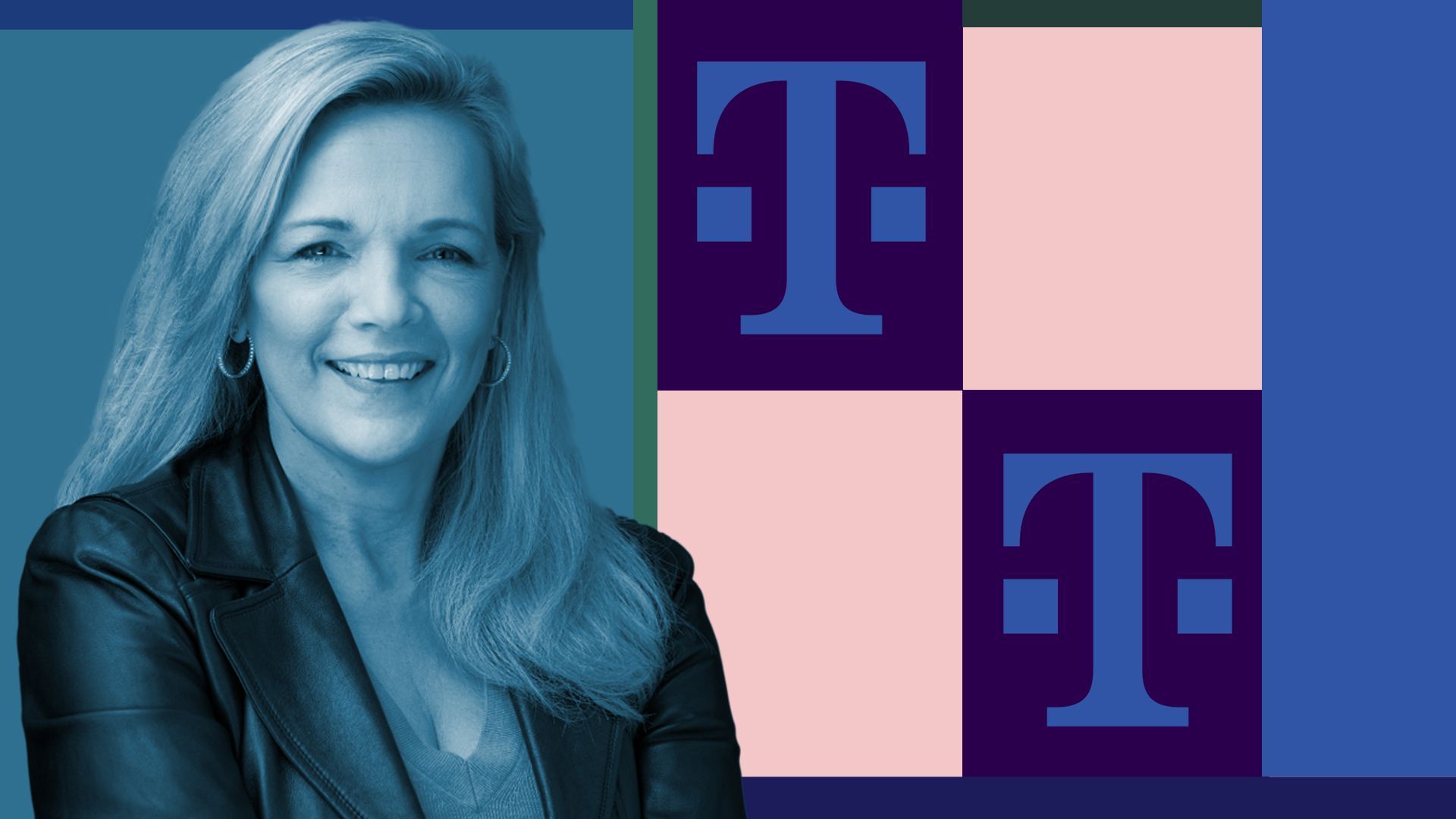 Photo illustration of Janice Kapner with rectangles and T-Mobile's logo.