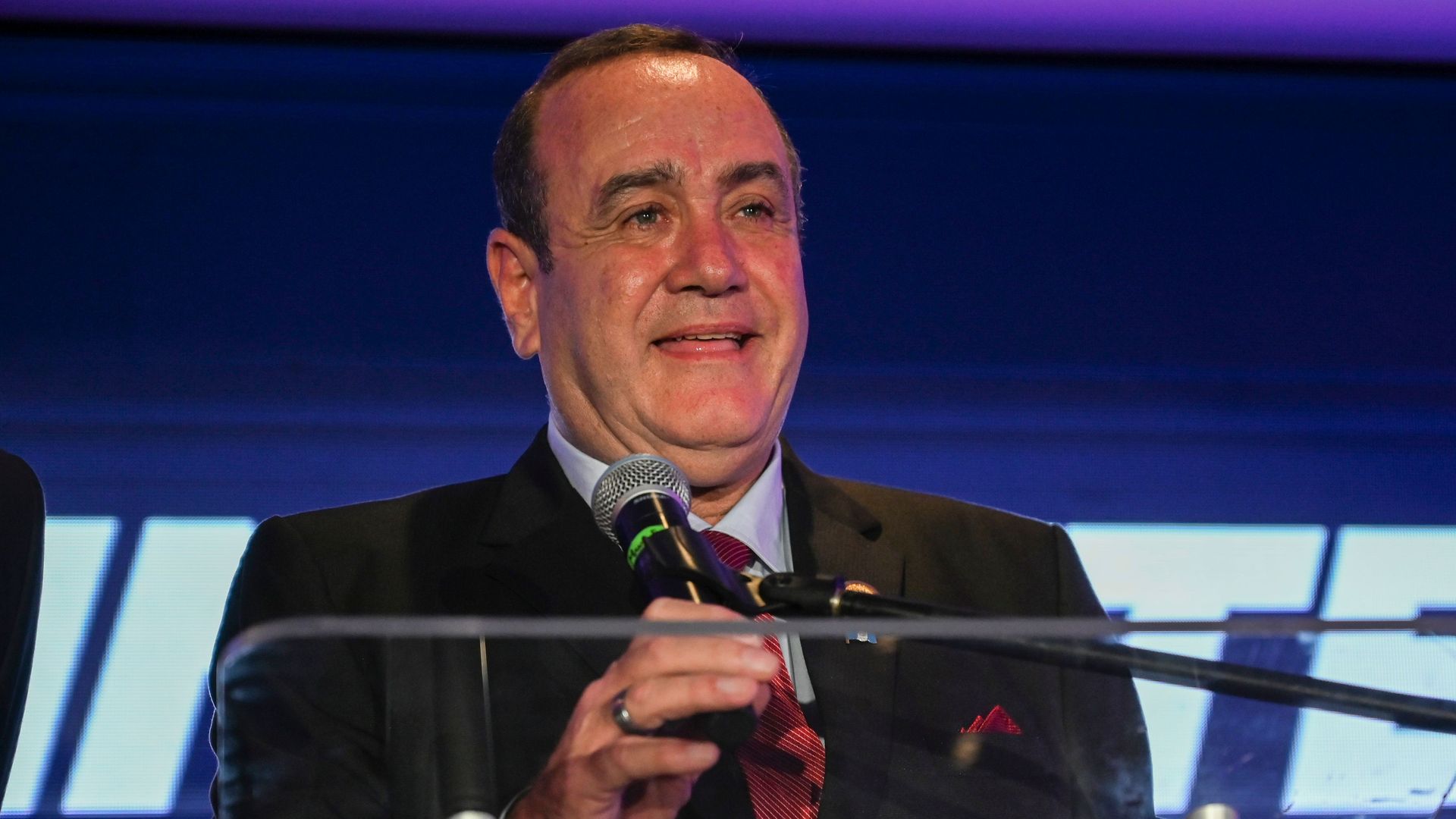 Guatemalan candidate for the Vamos (Let's Go) party Alejandro Giammattei delivers a speech in Guatemala City on August 11