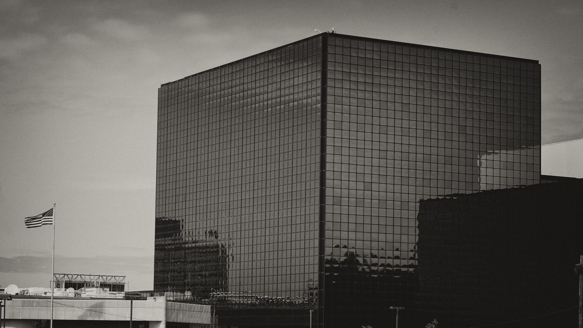 A grayscale photo of the headquarters of the National Security Agency