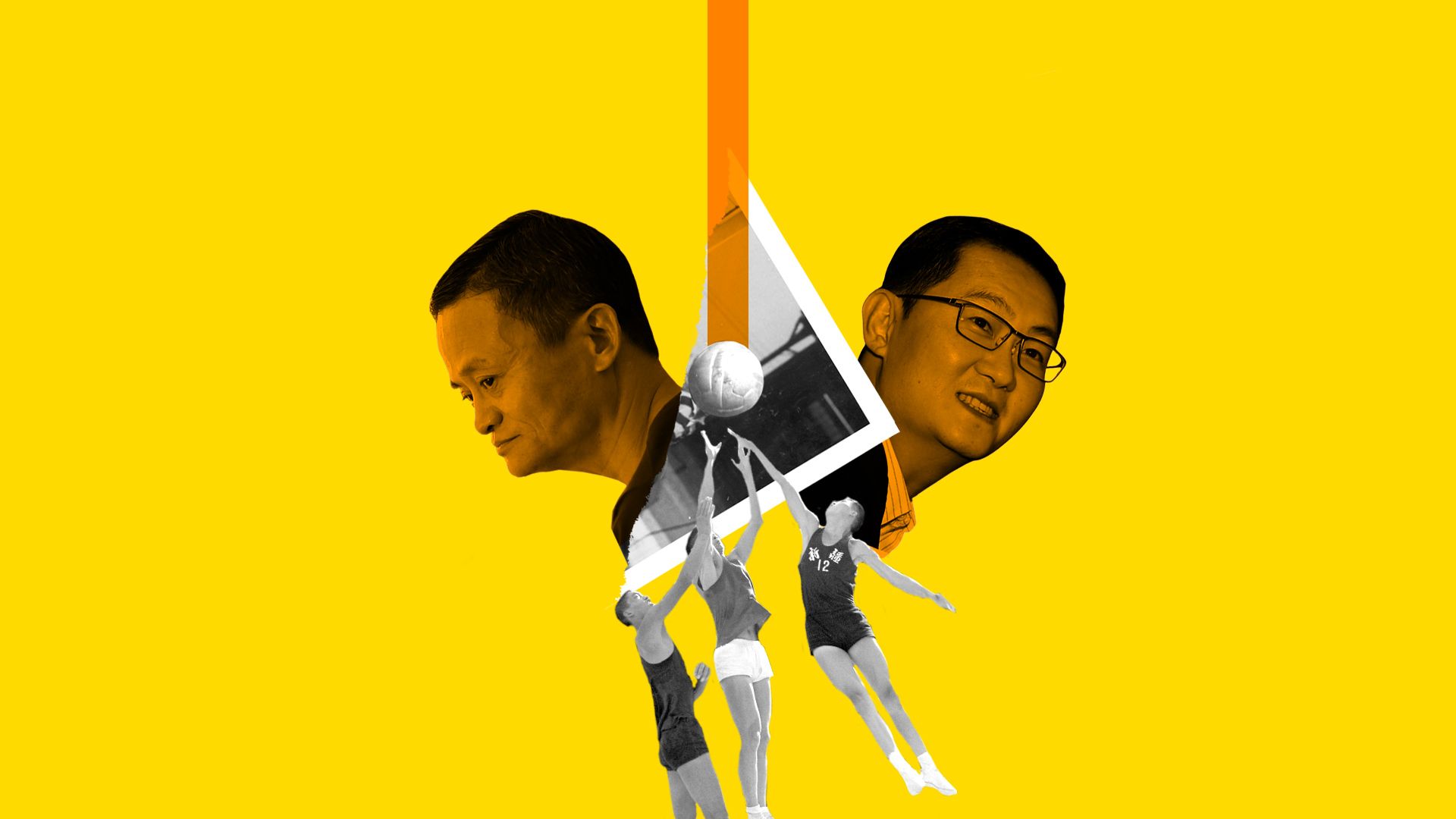 Collage illustration of Jack Ma, Alibaba, and Ma Huateng, Tenecent, over a historical image of basketball players from China.