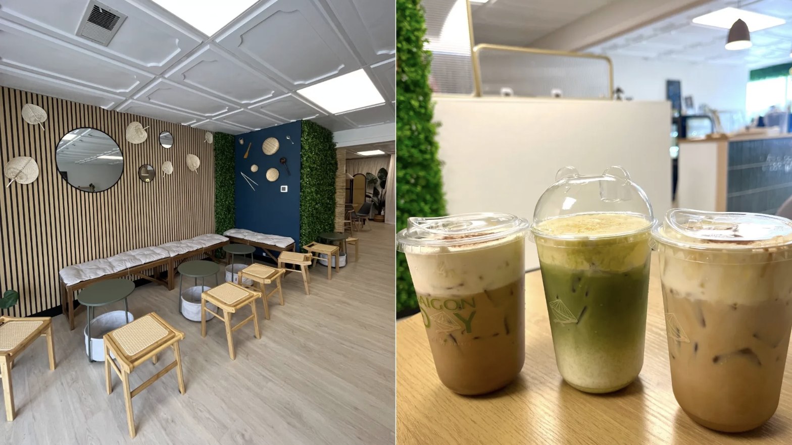 Split image: left lounge with striped wood wall, round mirrors, and a long cushioned bench; right three iced drinks in clear cups with domed lids on a wooden table in a bright cafe.