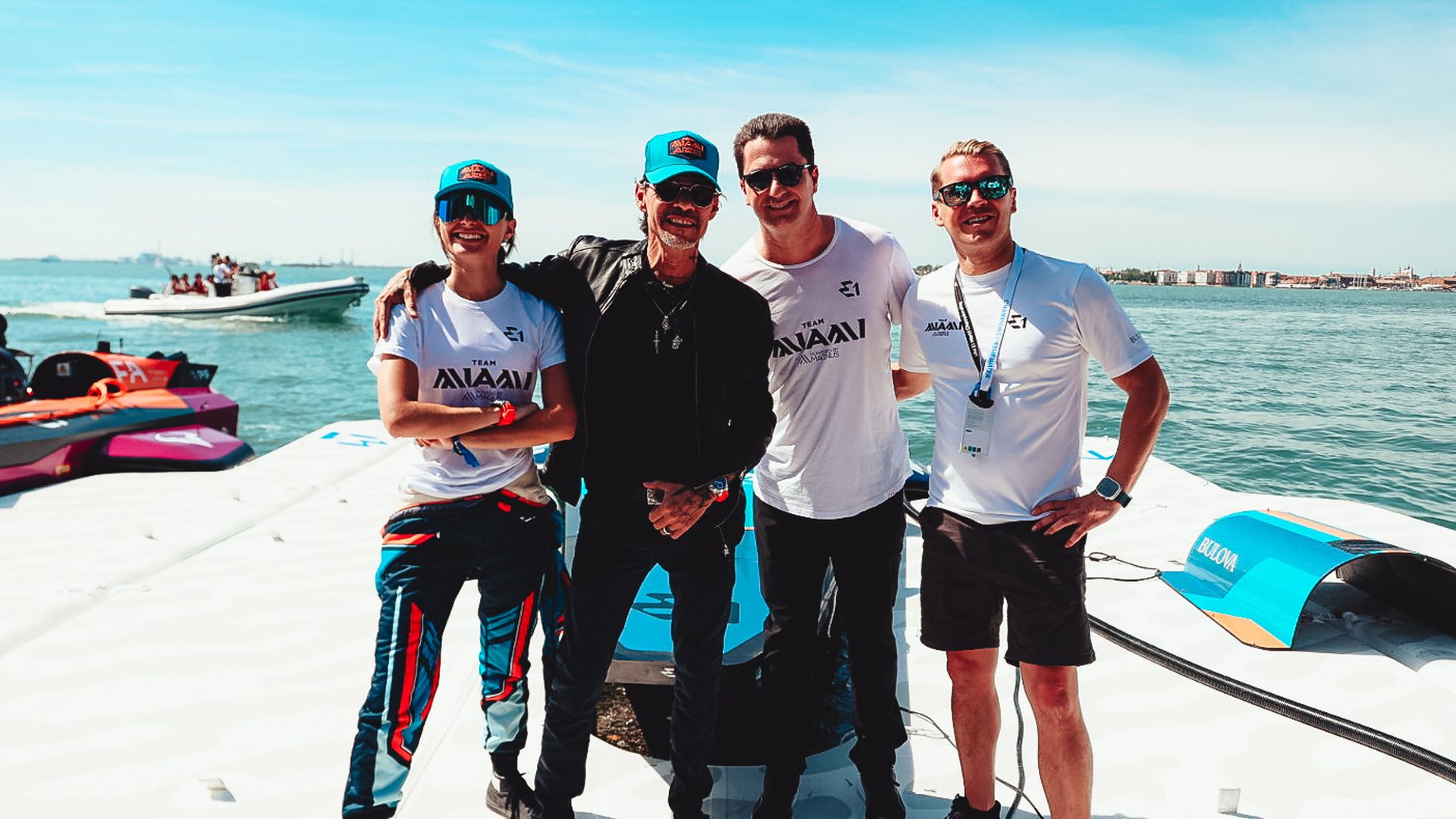 Marc Anthony (center left ) and Team Miami of the UIM E1 World Championship. Photo: Joseph Thomas