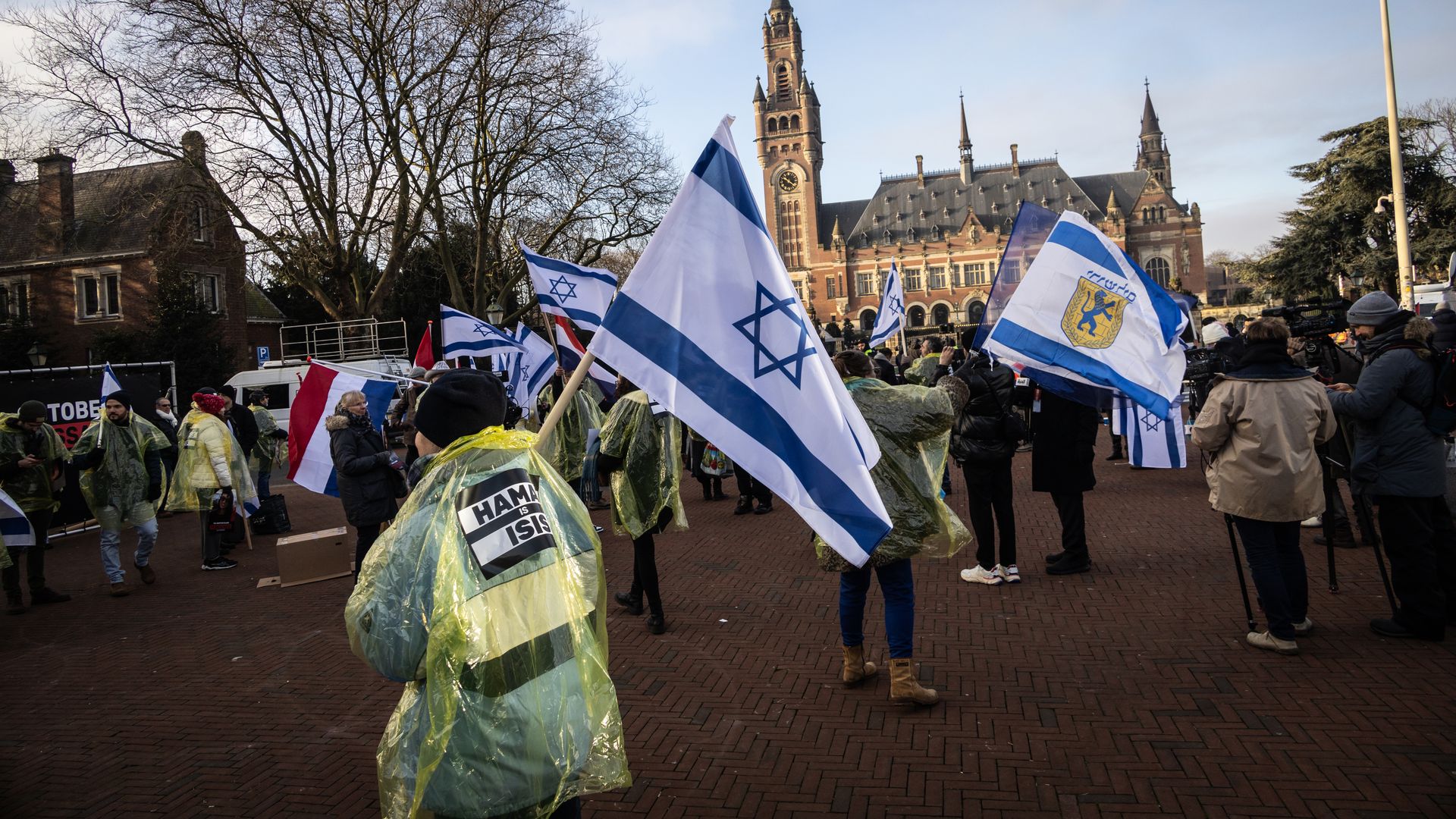 Pro-Israel demonstrators are protesting outside a court hearing on the Israel genocide case.