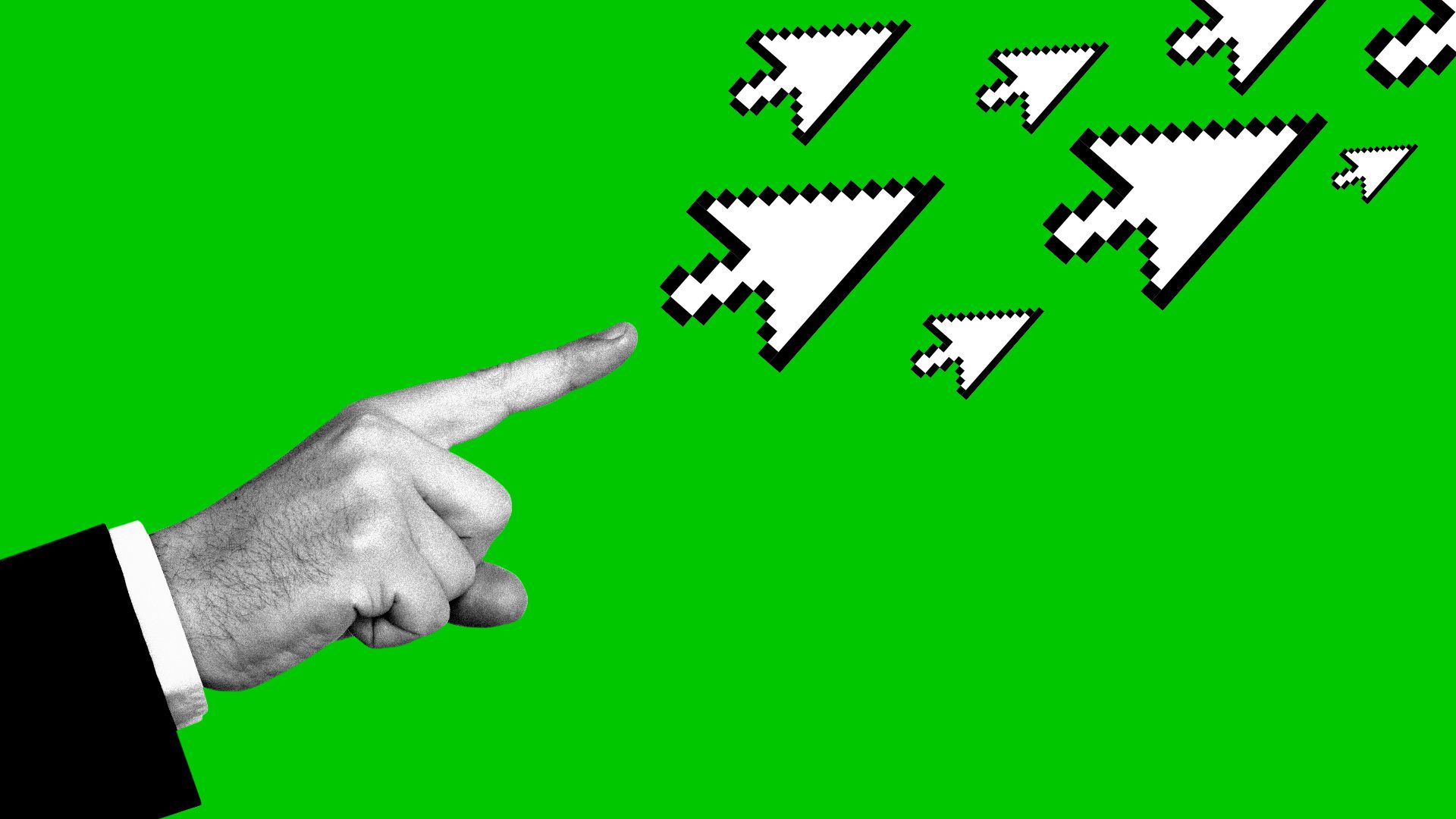 Illustration of a suited hand pointing a finger and multiple cursors shooting out.