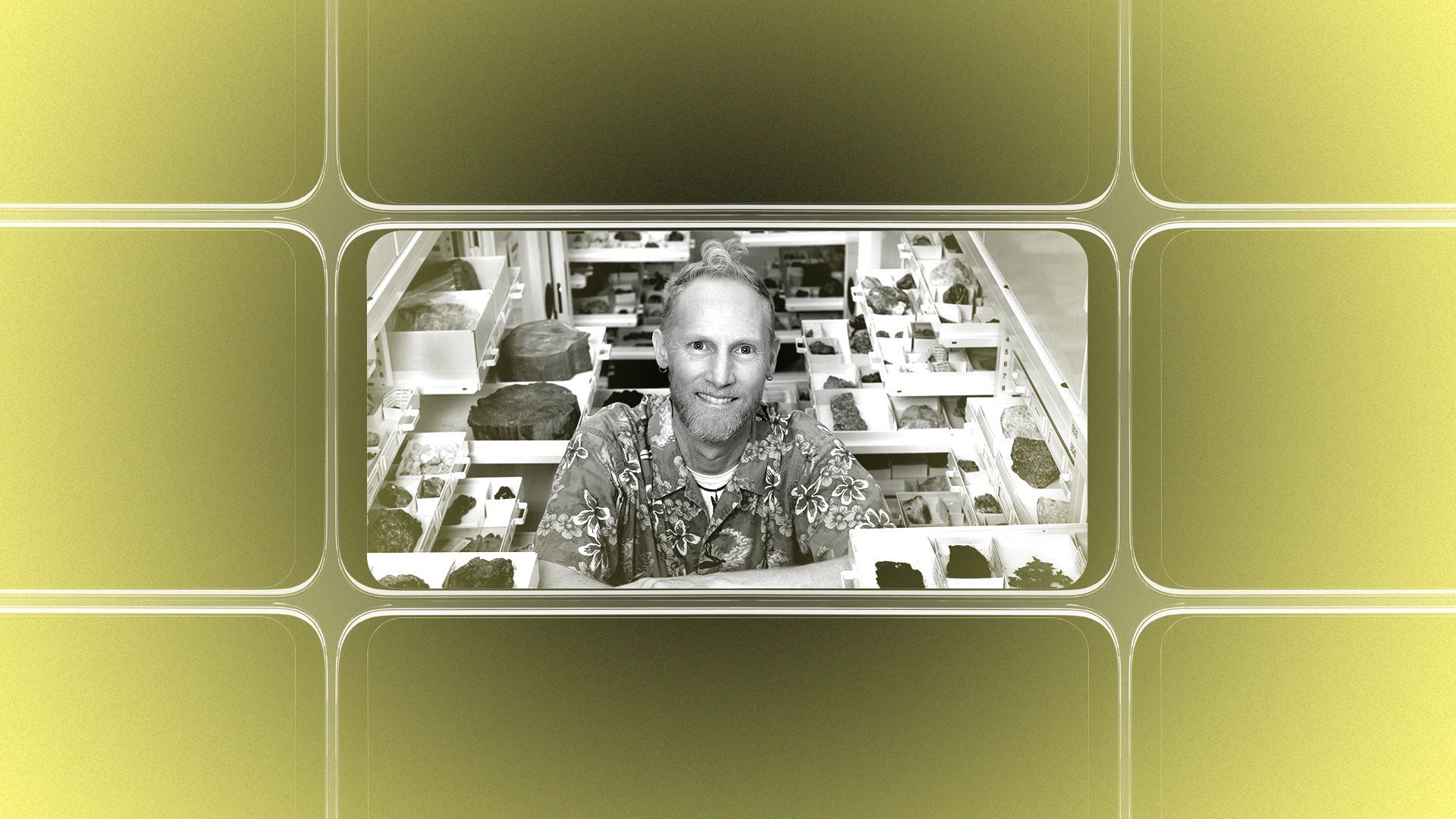 Photo illustration of a grid of smartphone screens, the center one showing an image of James Hagadorn.