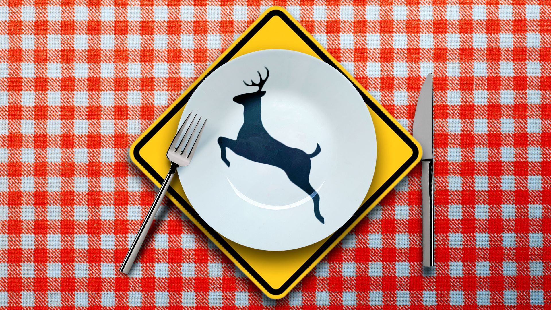 Illustration of a deer crossing road sign laid down like a placemat on a picnic table cloth, under a plate with a deer icon