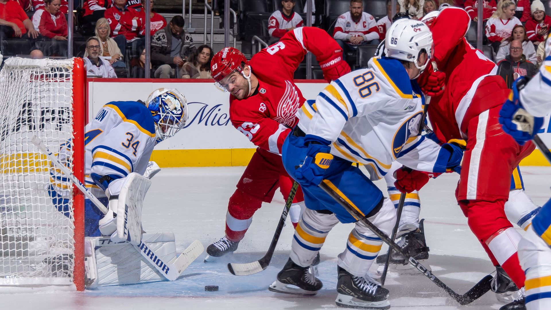 Alex DeBrincat shoots the puck in a preseason game at LCA. 