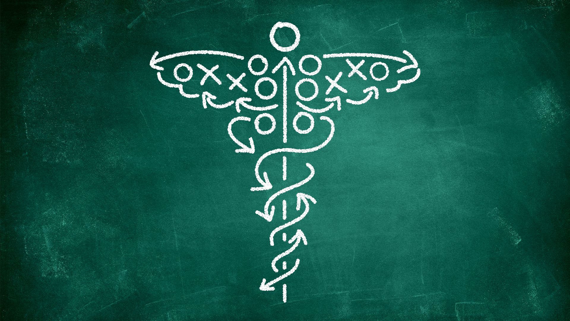 Illustration of a caduceus drawn in chalk, like sports strategies.
