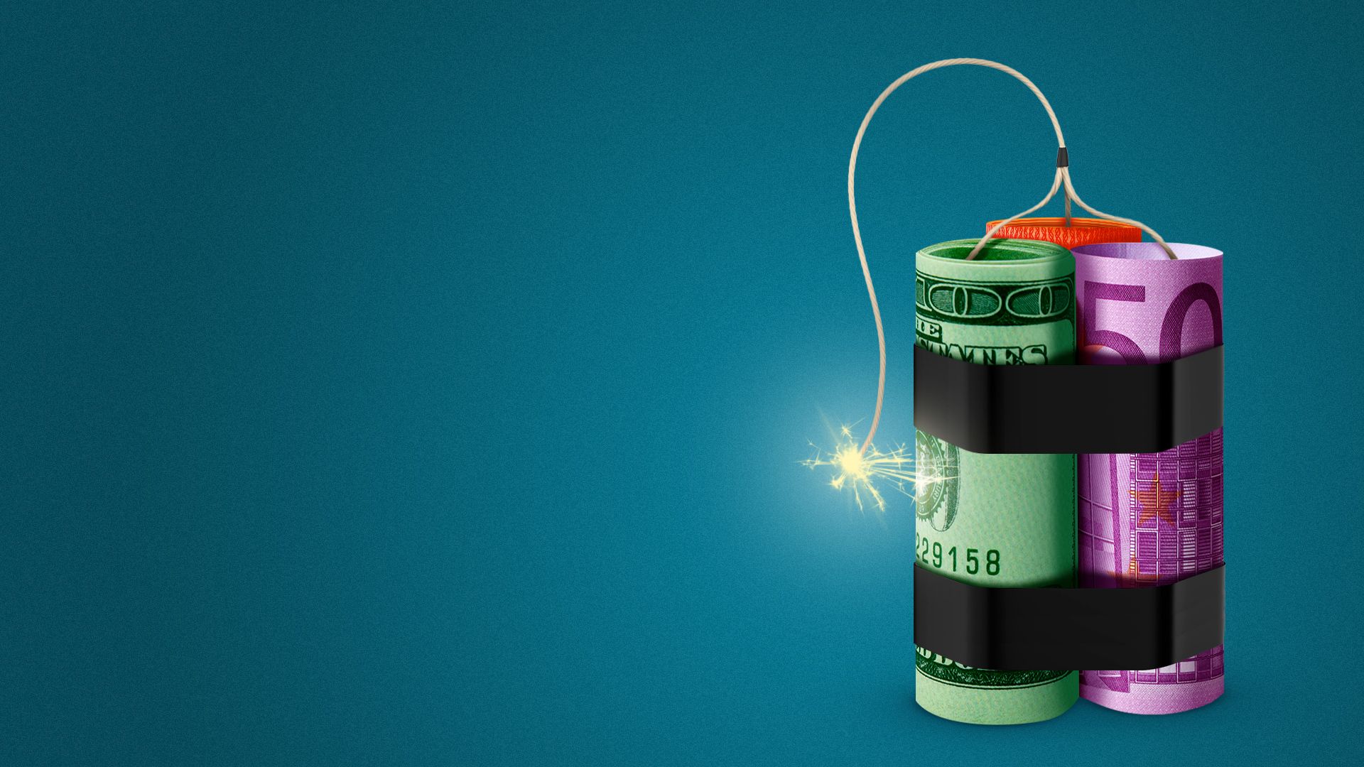 Illustration of rolled money stylized as TNT. 