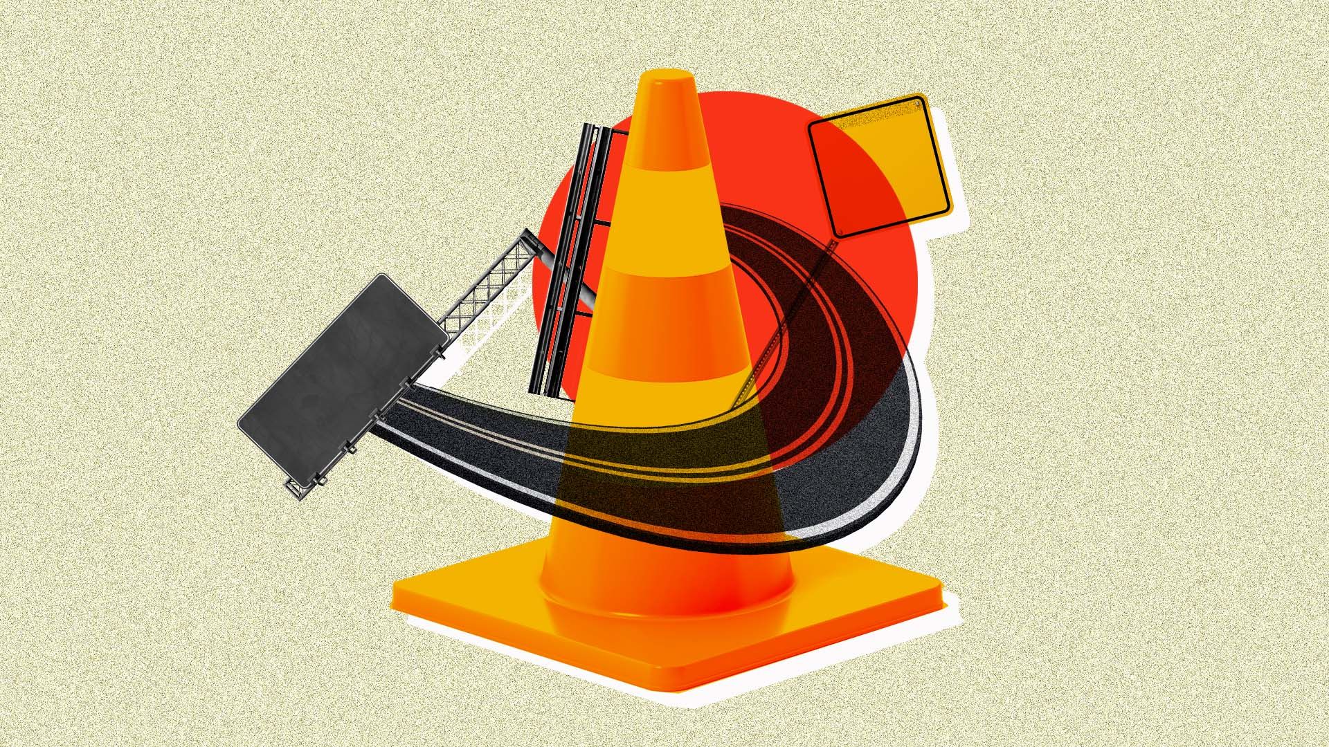 Illustrated collage including elements of road infrastructure