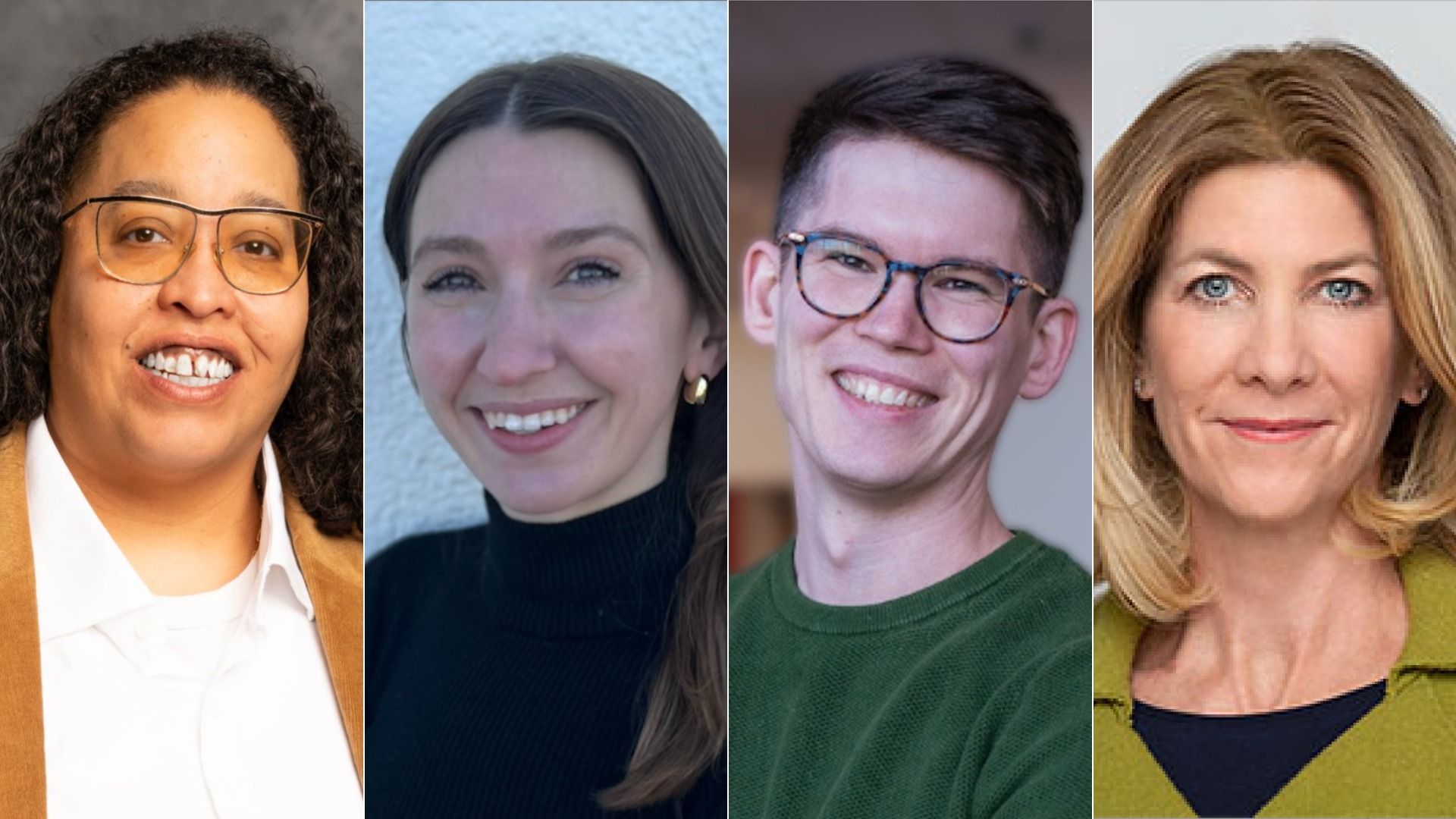 Four adults smiling in close-up portraits: a woman with curly hair and glasses in brown jacket, a woman with long brown hair in black turtleneck, a man with short hair and glasses in green sweater, and a blonde woman in green cardigan.