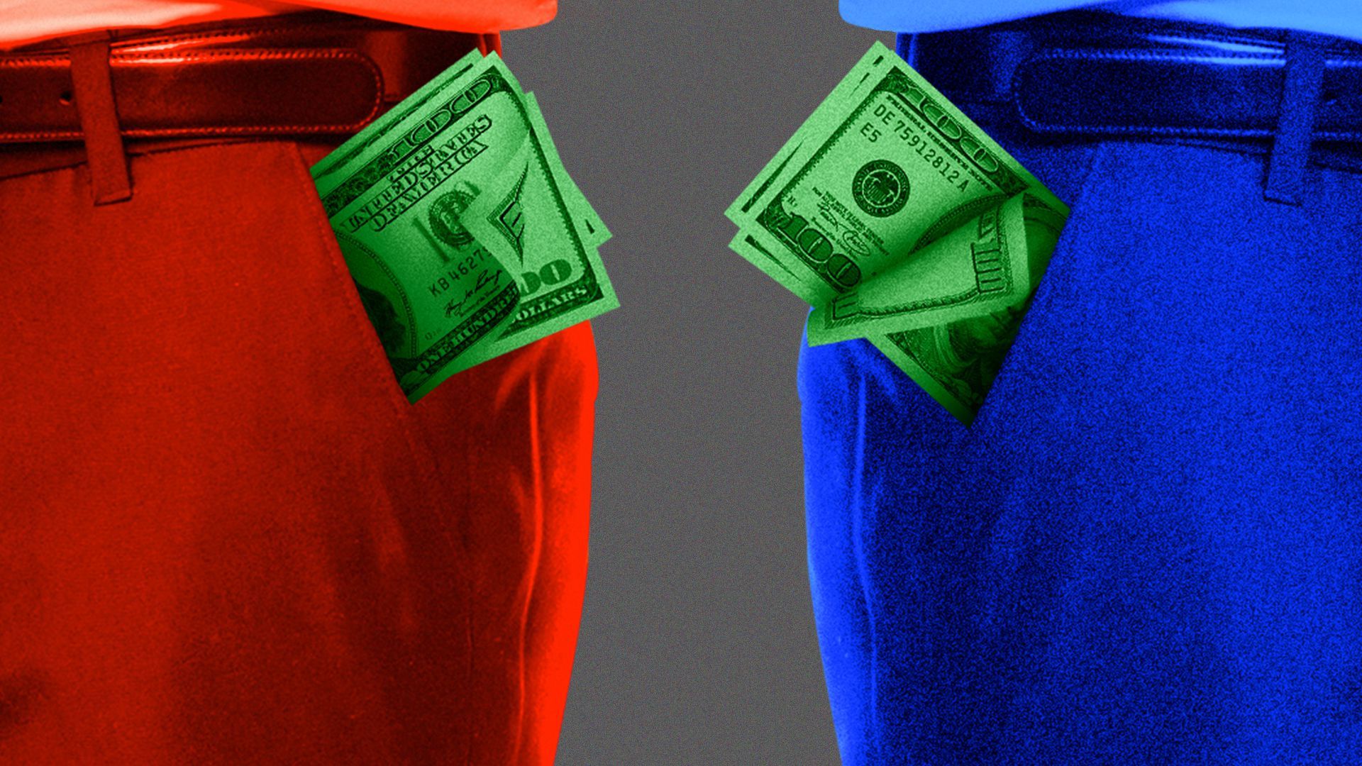Illustration of a close up of two people showing hundred dollar bills in their pockets, one person is in red and the other is in blue.