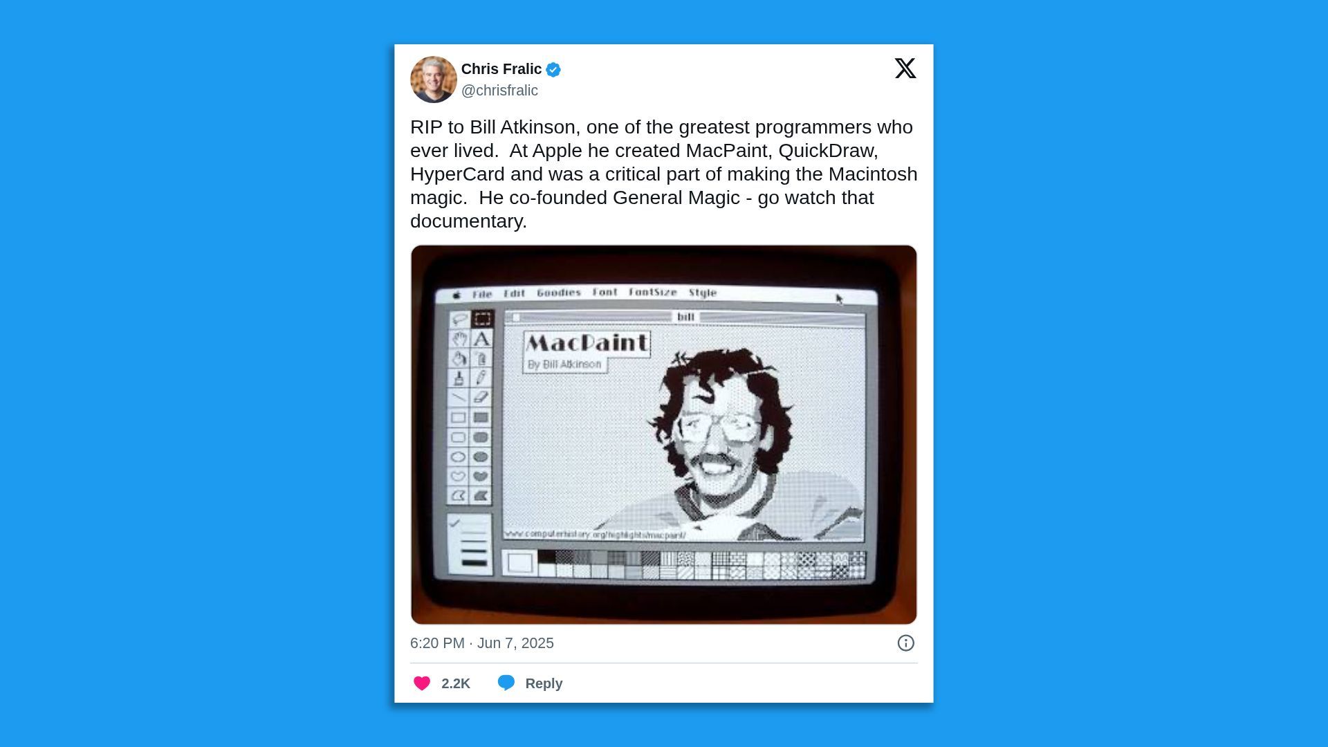 A screenshot remembering the contributions of MacPaint and HyperCard creator Bill Atkinson