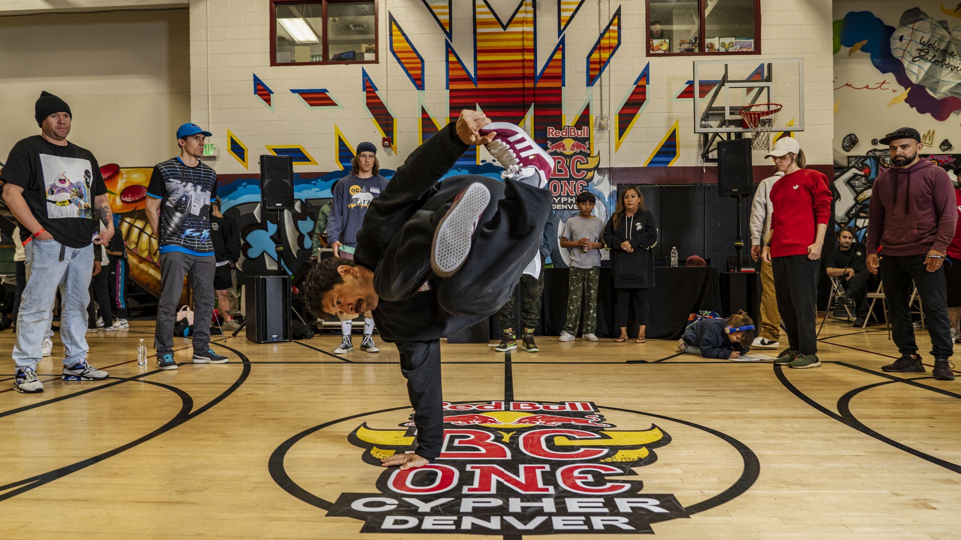 A b-boy performing at the Red Bull BC One breaking competition in Denver.