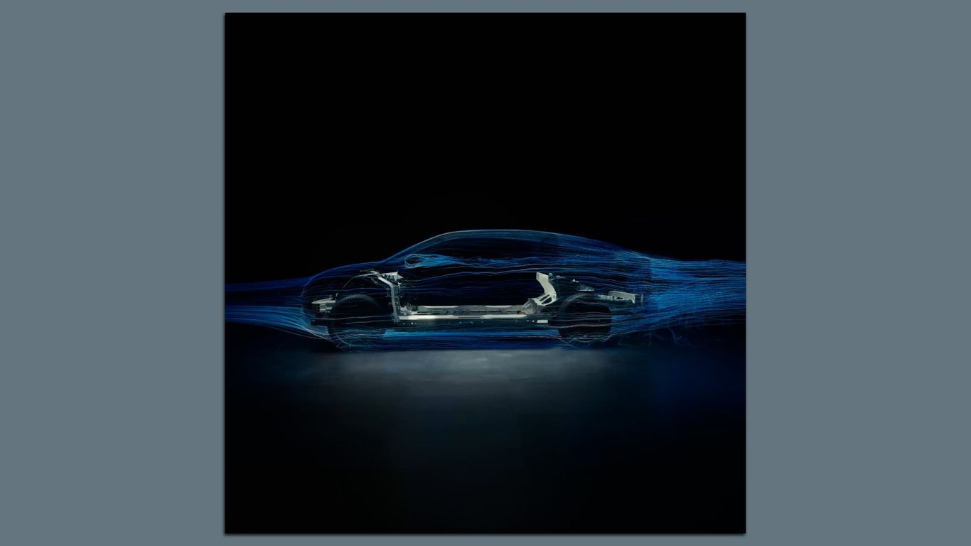 Side view of a car chassis with blue airflow lines illustrating aerodynamics against a dark background.
