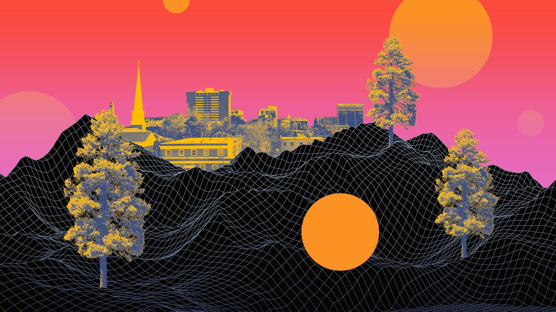 Illustration of a wireframe futuristic cityscape of NWA surrounded by abstract circles and radical colors.