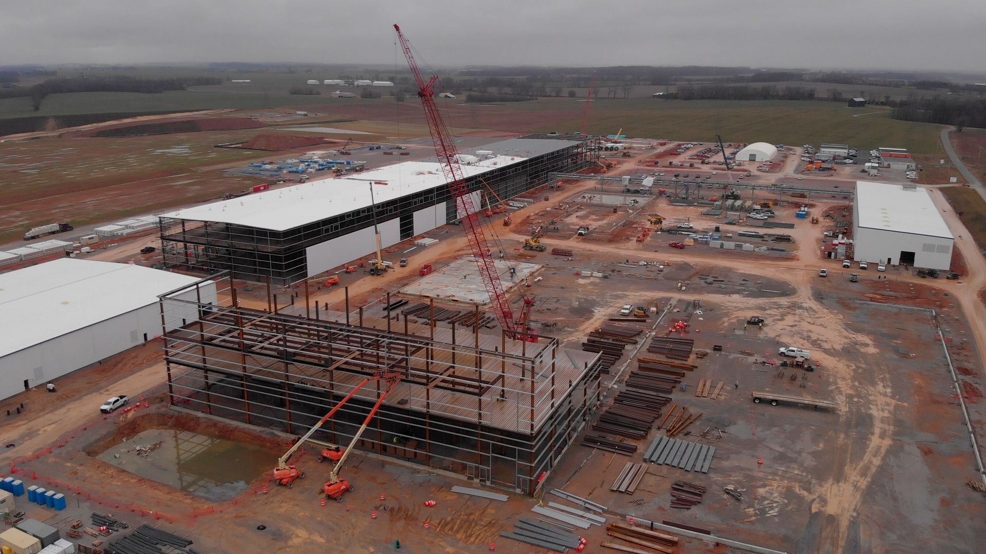 An overhead shot of Ascend's plant under construction on a muddy plot of land in Kentucky.