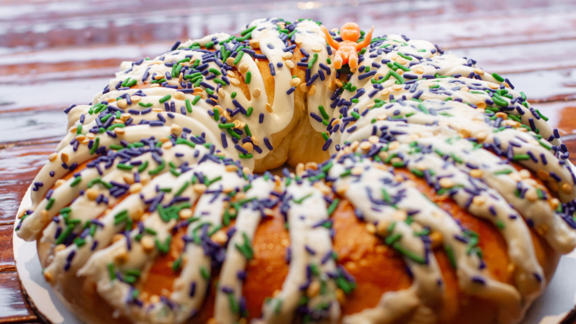 Empanola's guava cream cheese king cakes are decorated with purple, green and gold sprinkles.