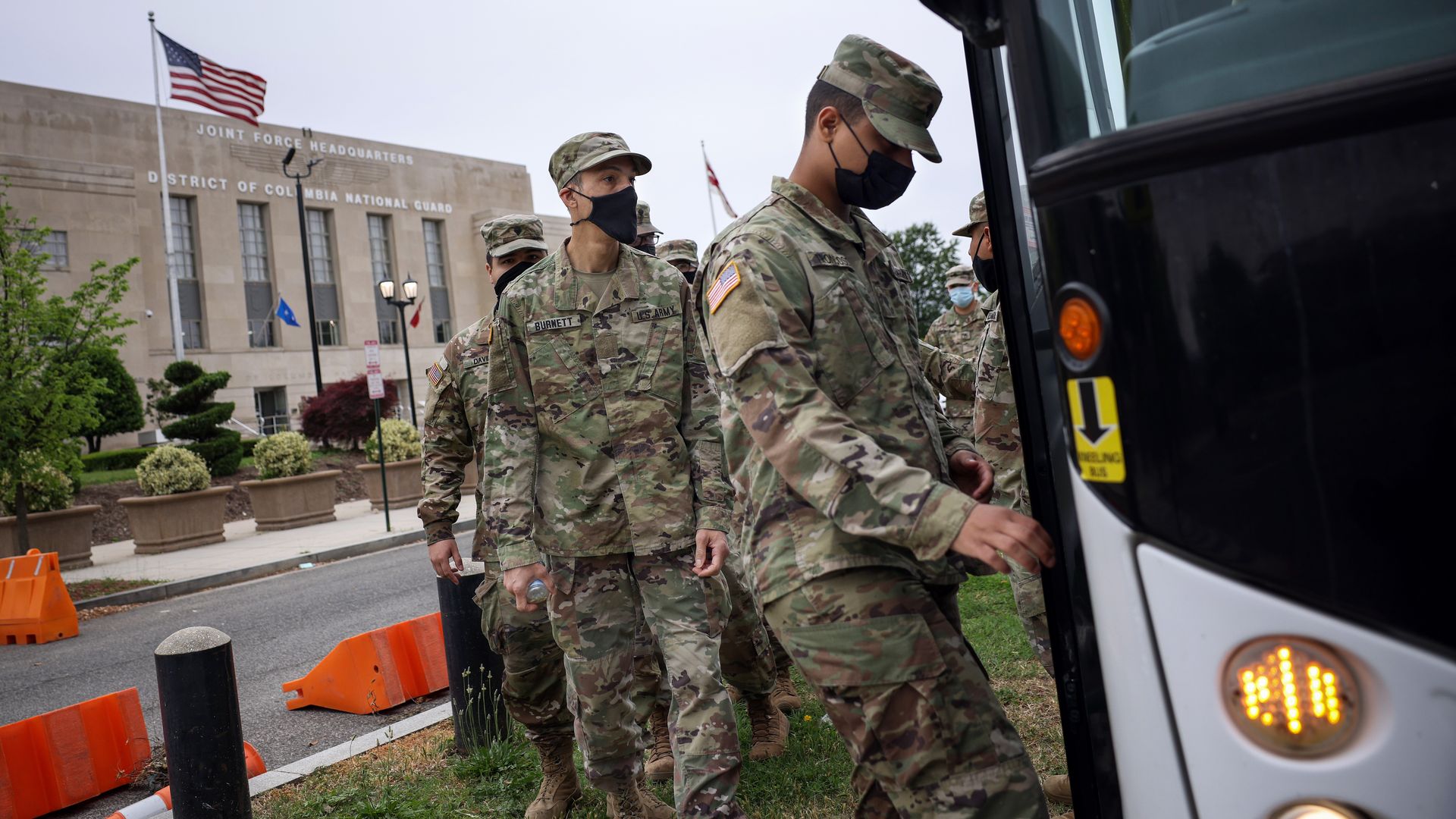 Members of the National Guard as seen leaving the D.C. Armory after completing their mission to protect the U.S. Capitol.