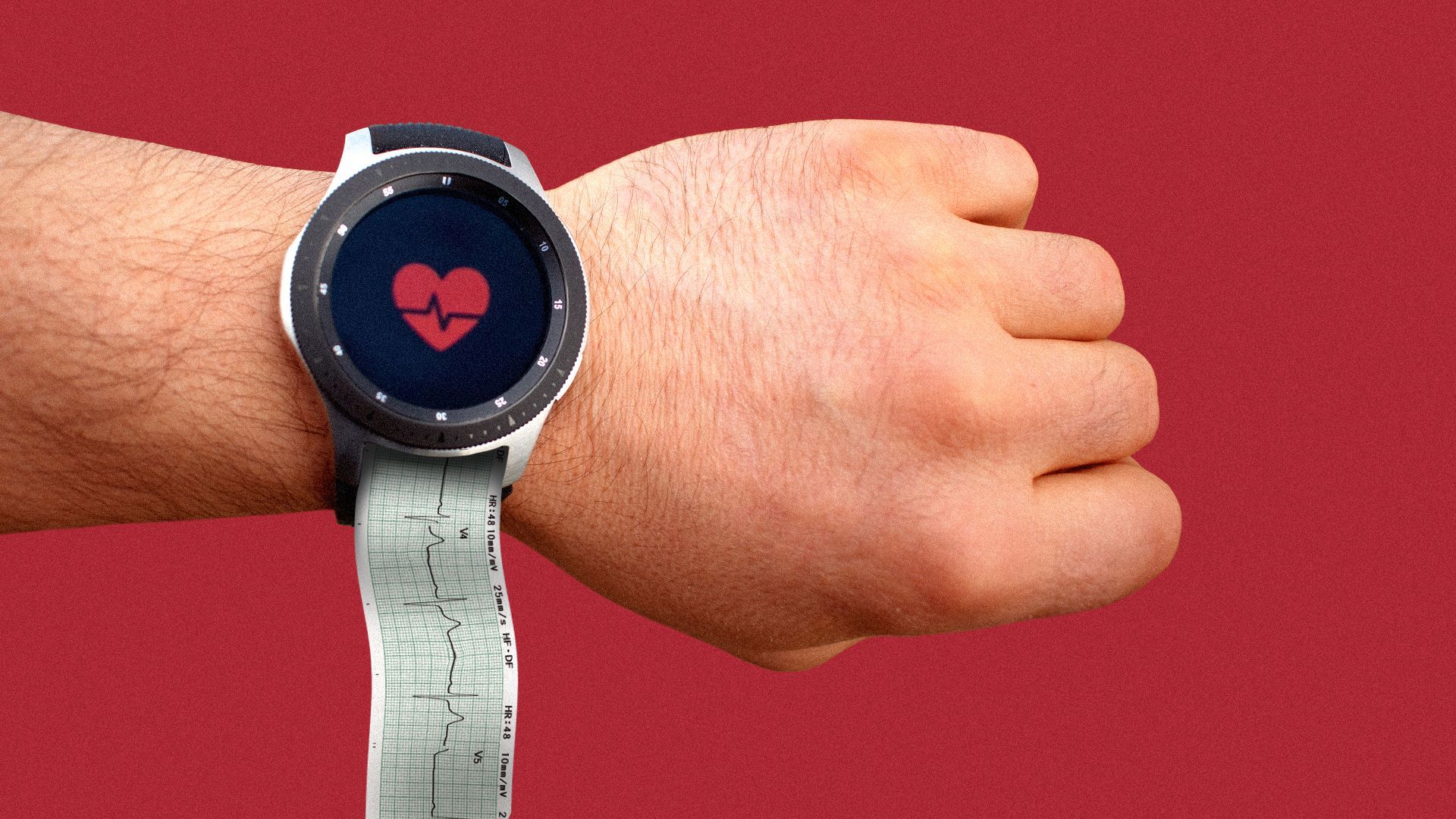 Illustration of EKG paper coming out of a smart watch.
