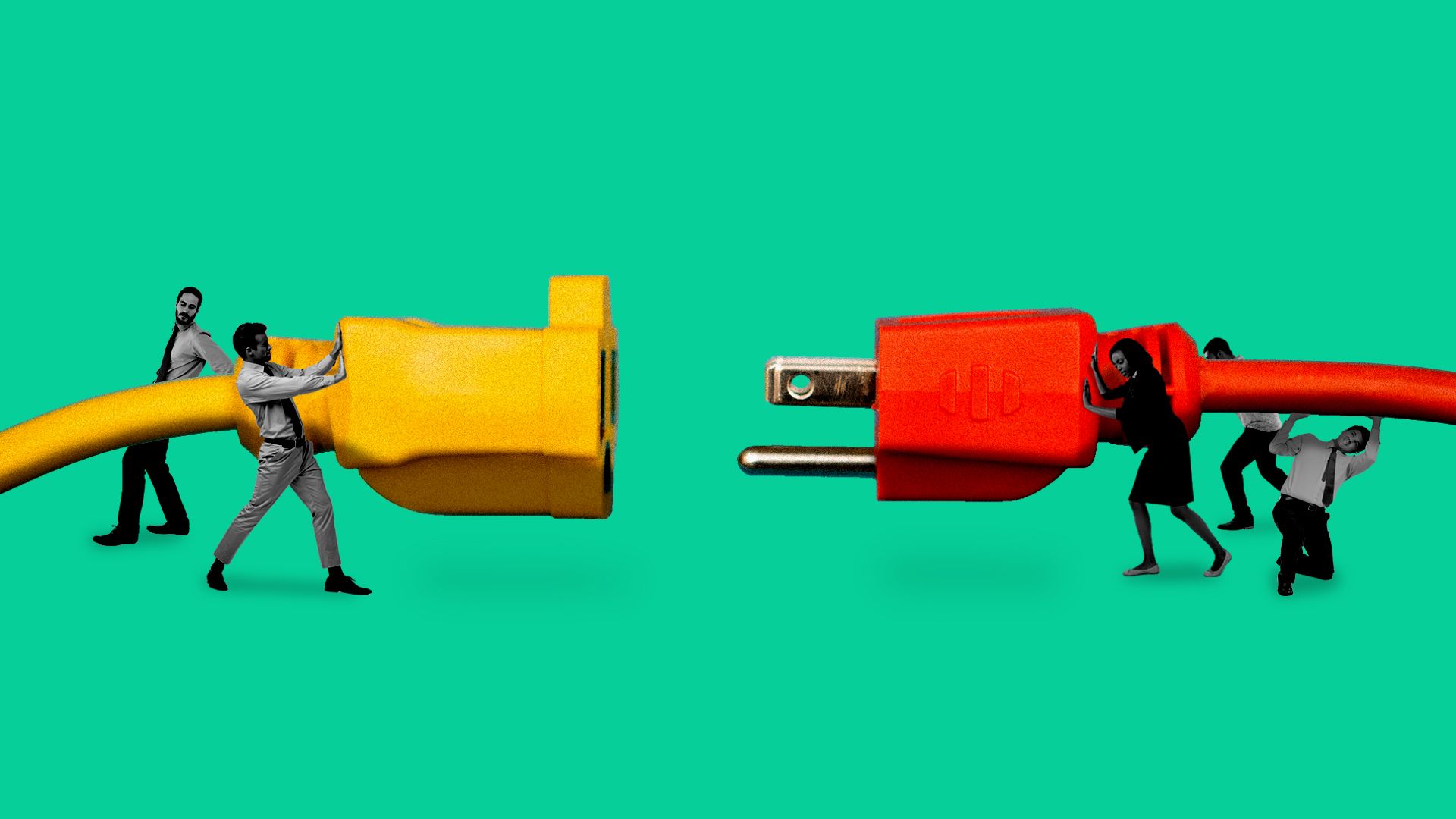 A group of people lifting a giant plug and extension cord