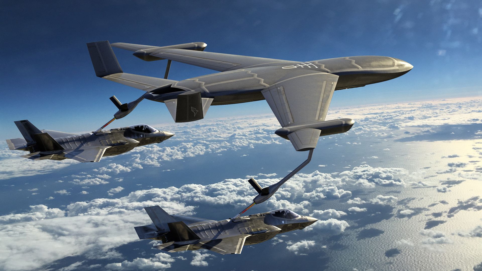 A large unmanned aircraft refuels two fighter jets midair. Clouds are seen below it. This is an artist's concept of NGAS.