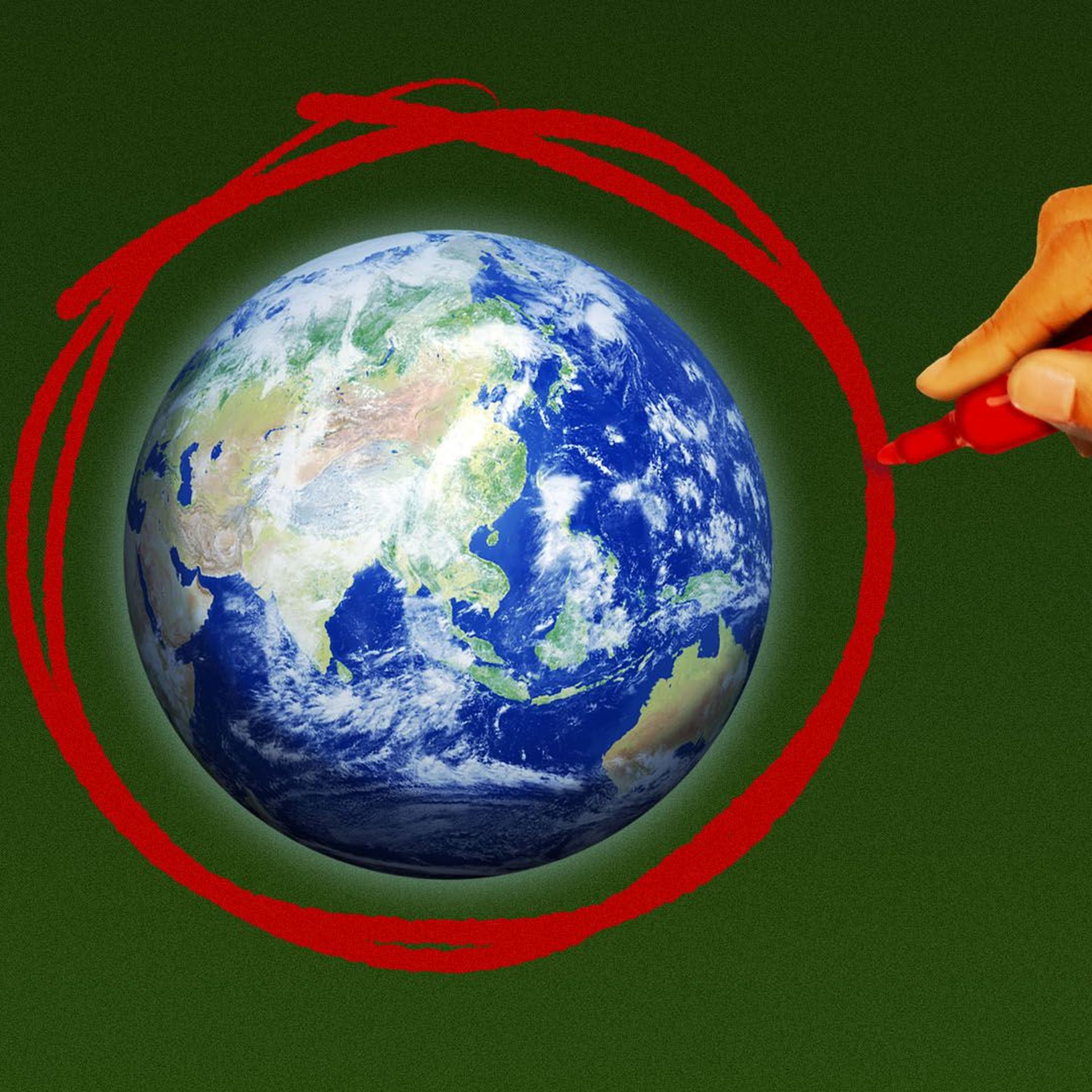 Illustration of a hand circling the earth with a marker