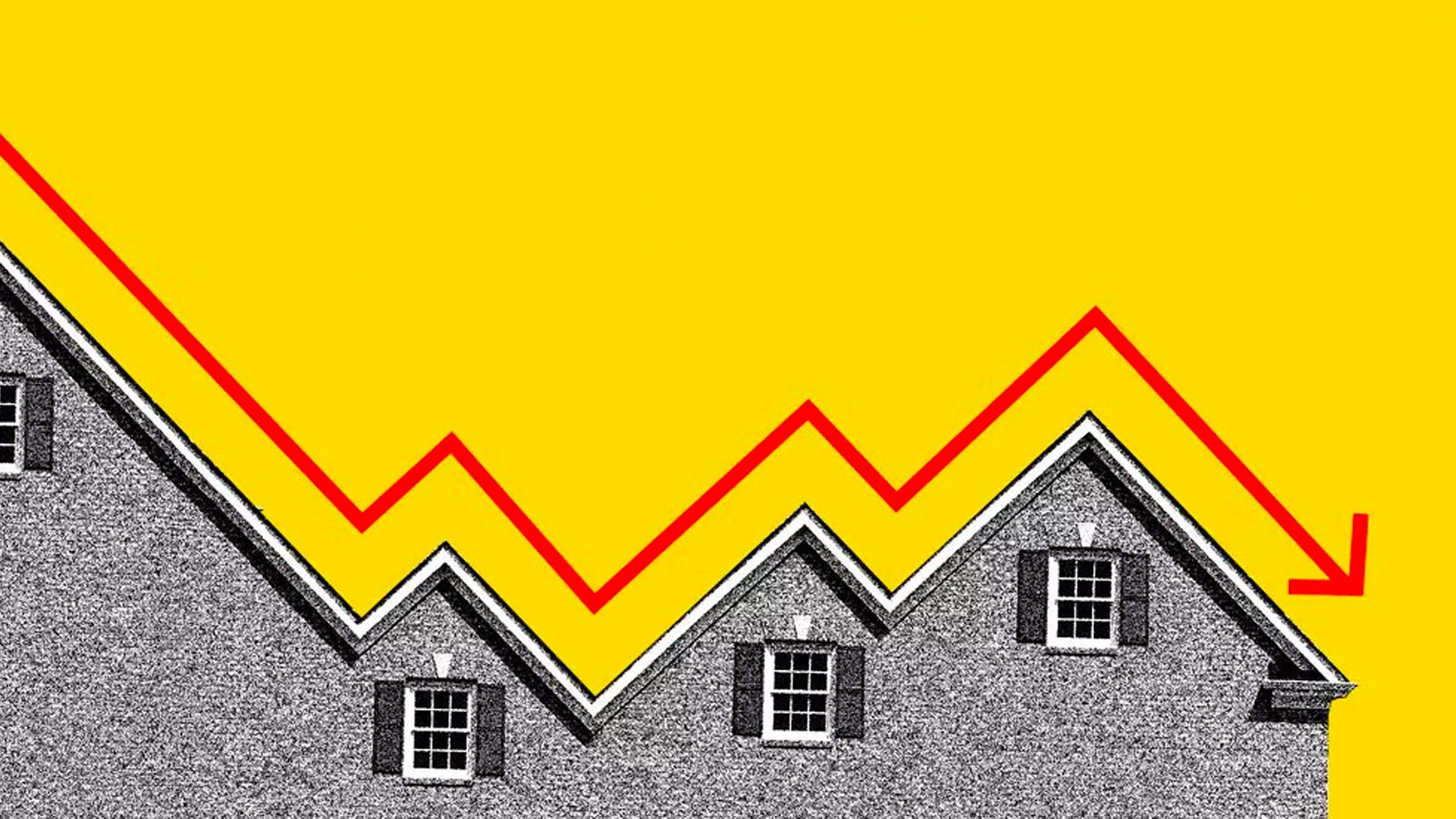 Illustration of a downward trend line over a house