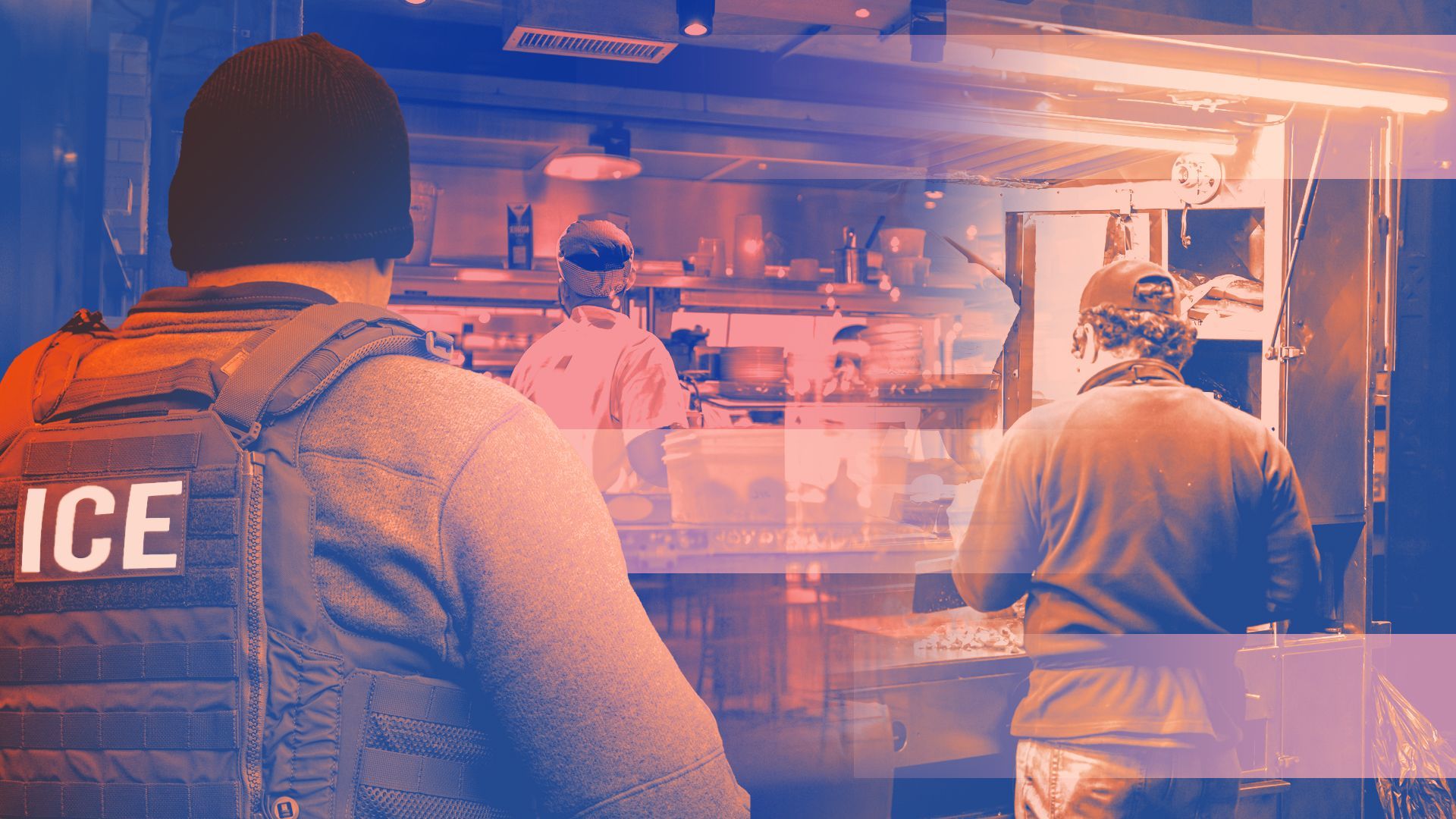 Photo illustration of an ICE agent and a man in a restaurant kitchen and another at a street food cart 