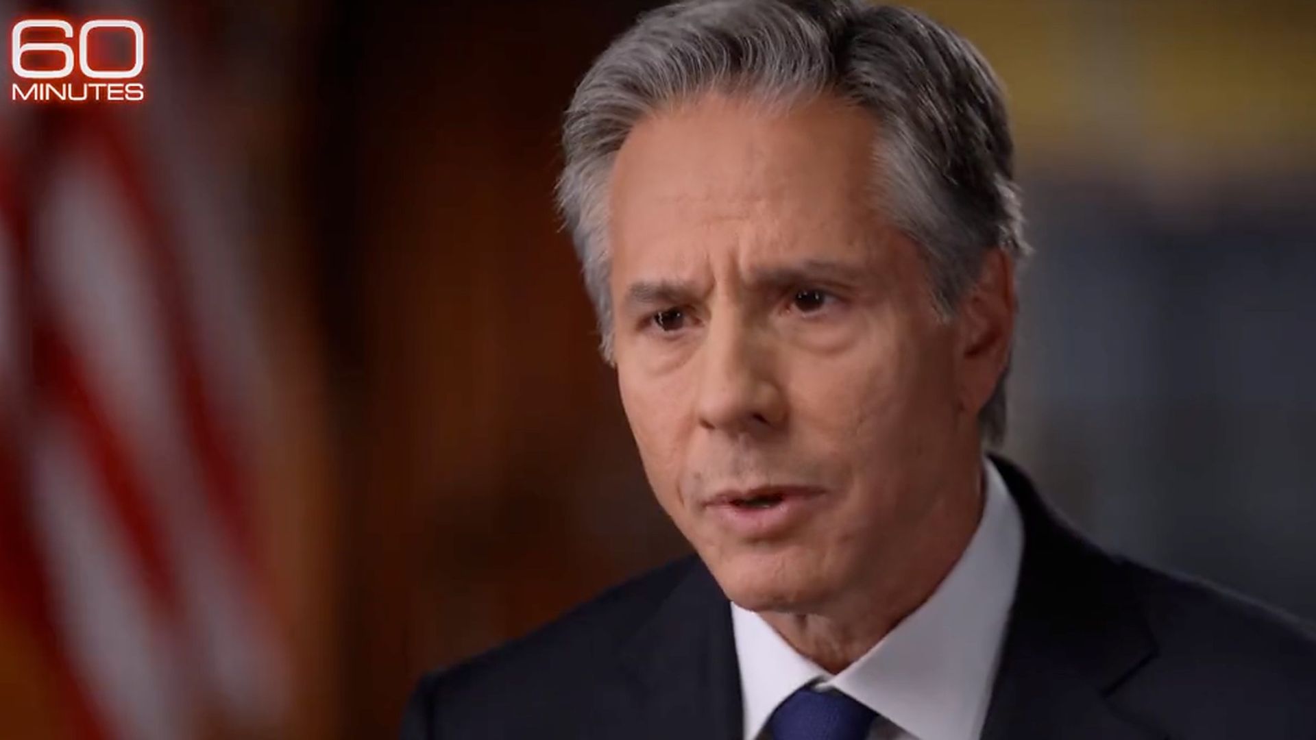 Secretary of State Anthony Blinken speaking on CBS' "60 Minutes" in an interview broadcast Sunday.
