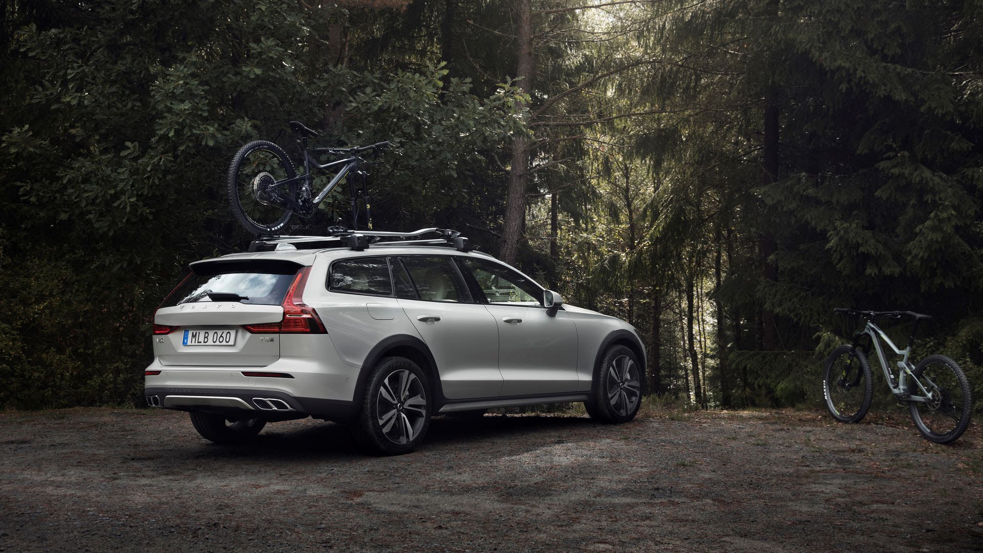 The volvo cross country wagon in a forest.