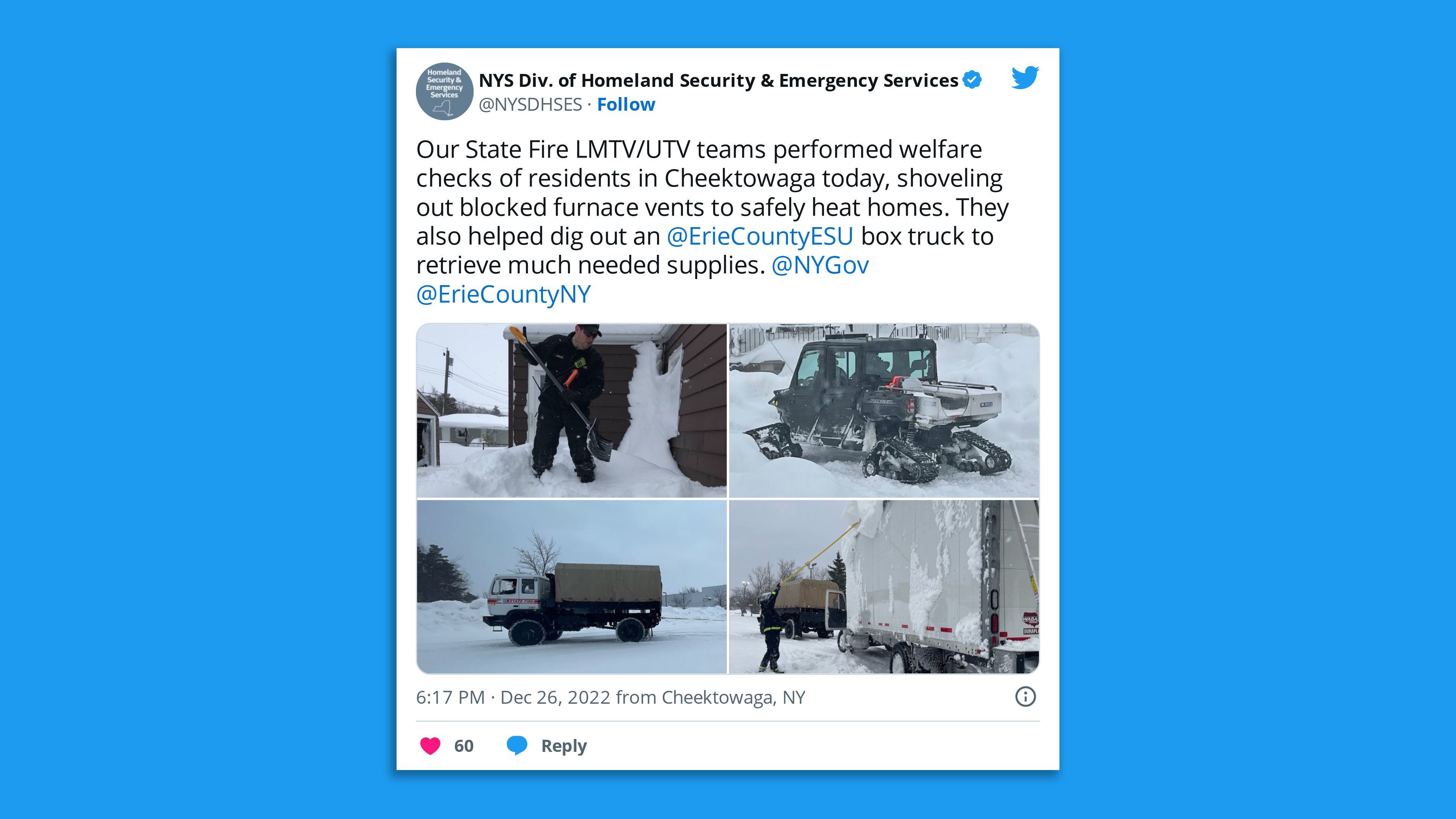 A screenshot of a tweet from the N.Y. Division of Homeland Security and Emergency Services featuring images of workers performing welfare checks in Eerie County residents.