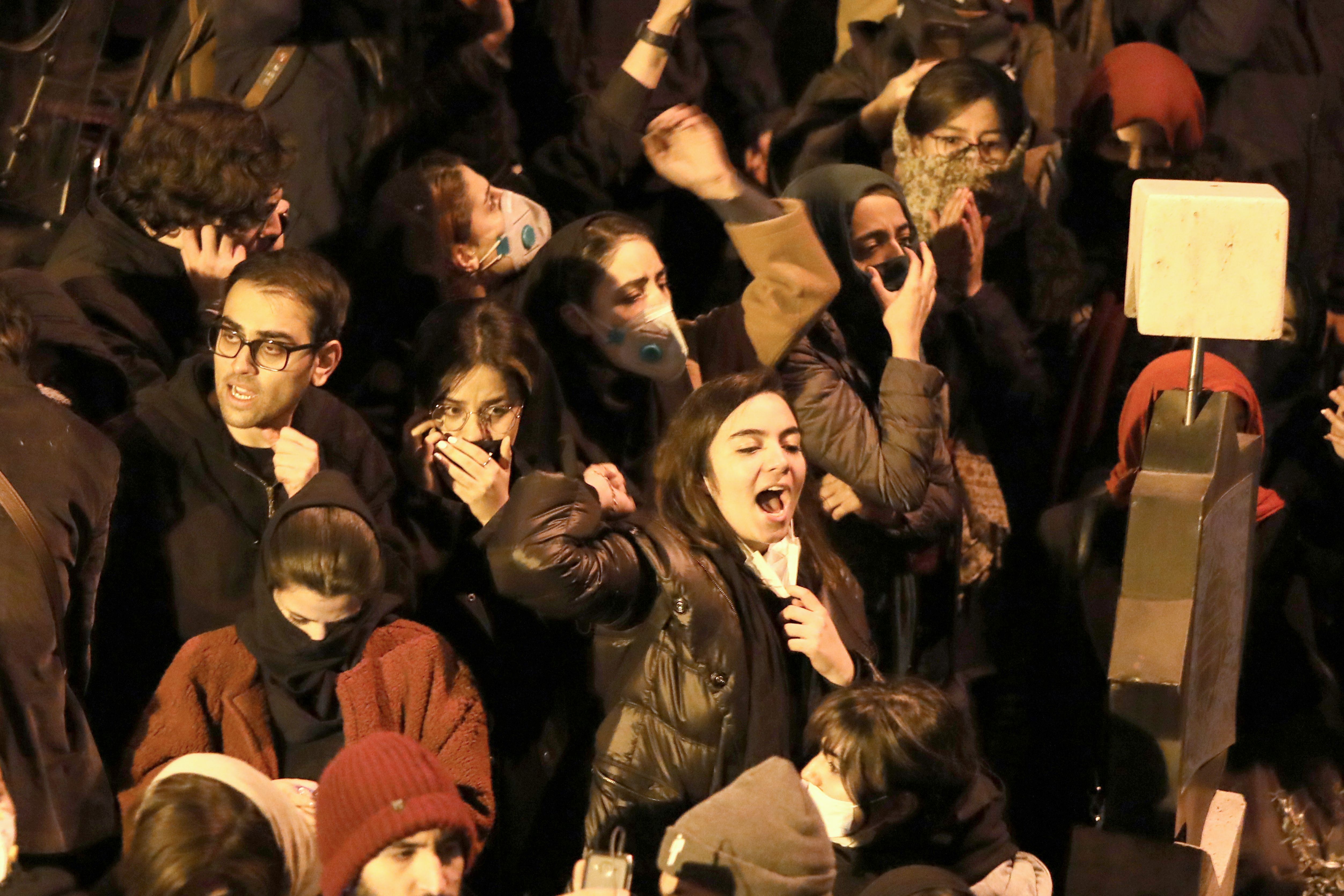 Students demonstrating in front of Amirkabir University