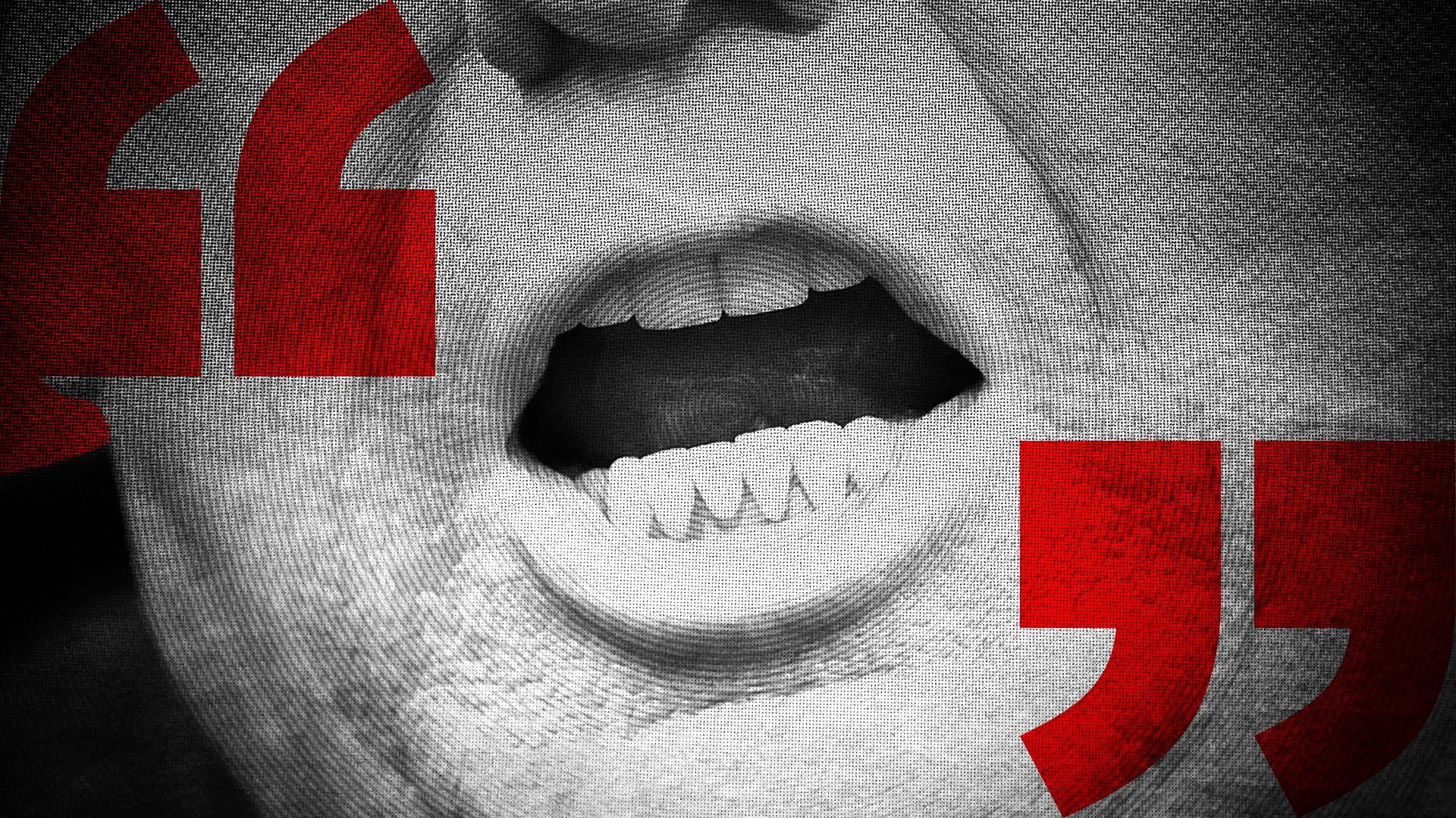 Photo illustration of a black and white image of President Trump with giant red quotation marks beside his mouth