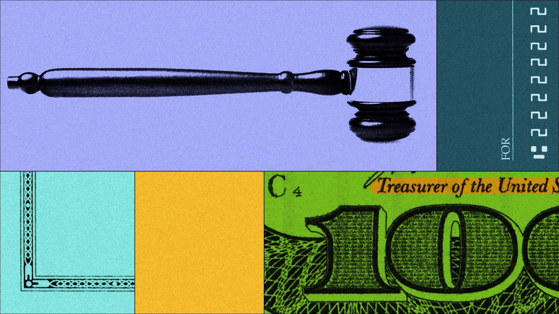 a collage of a gavel, a 100 dollar bill and checks