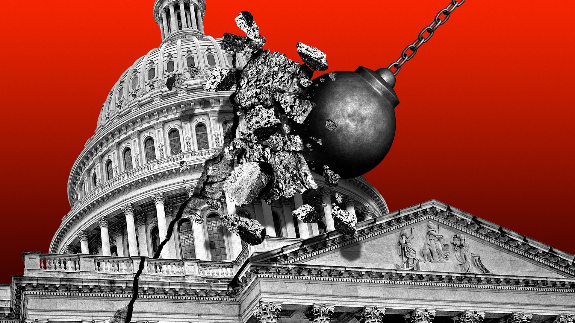 Illustration of a wrecking ball hitting the Capitol building.