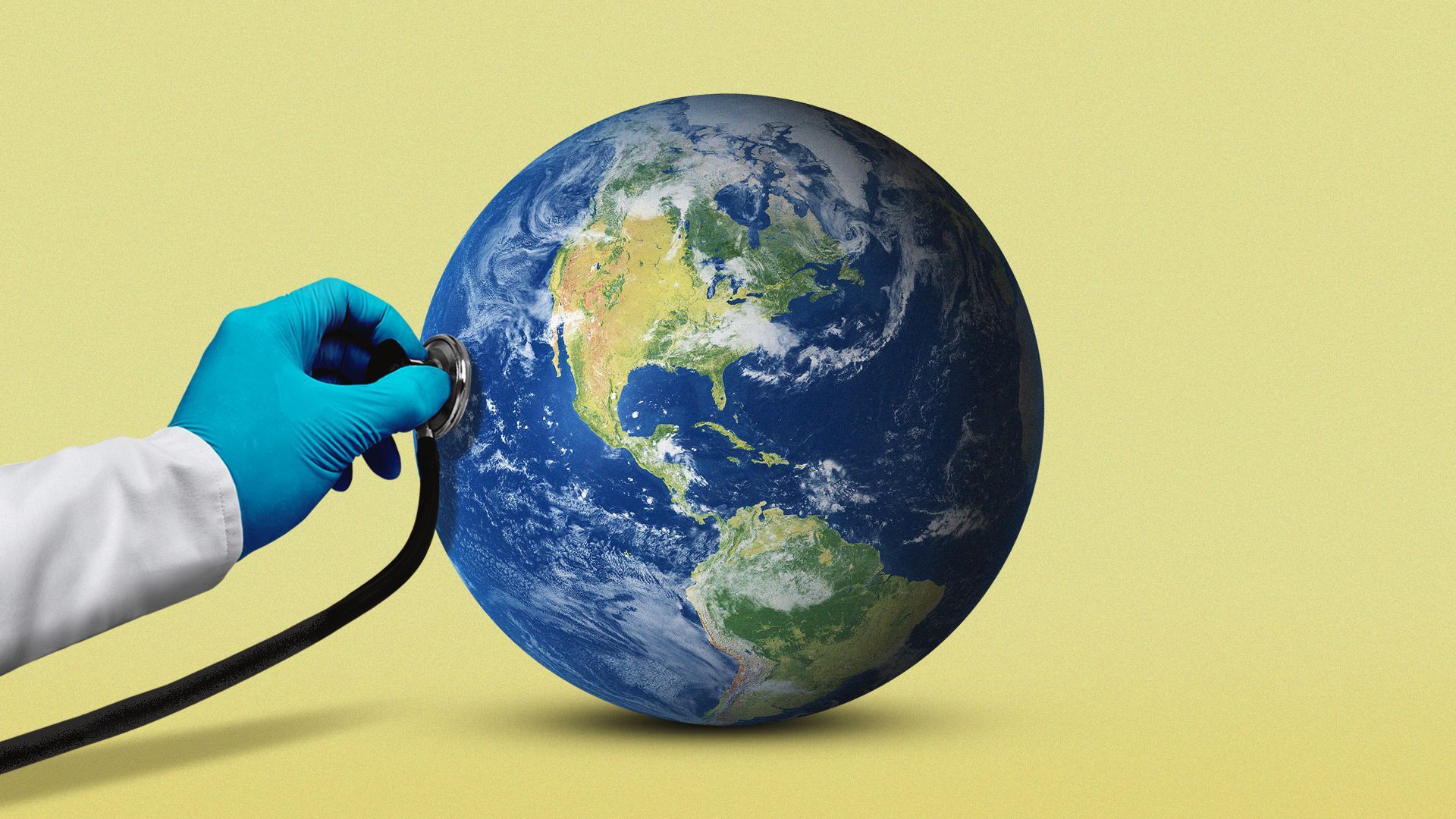 Illustration of a gloved hand holding a stethoscope up to planet earth.