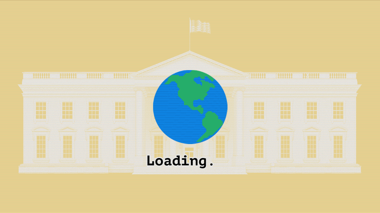 Animated illustration of an earth loading graphic spinning over an image of the White House