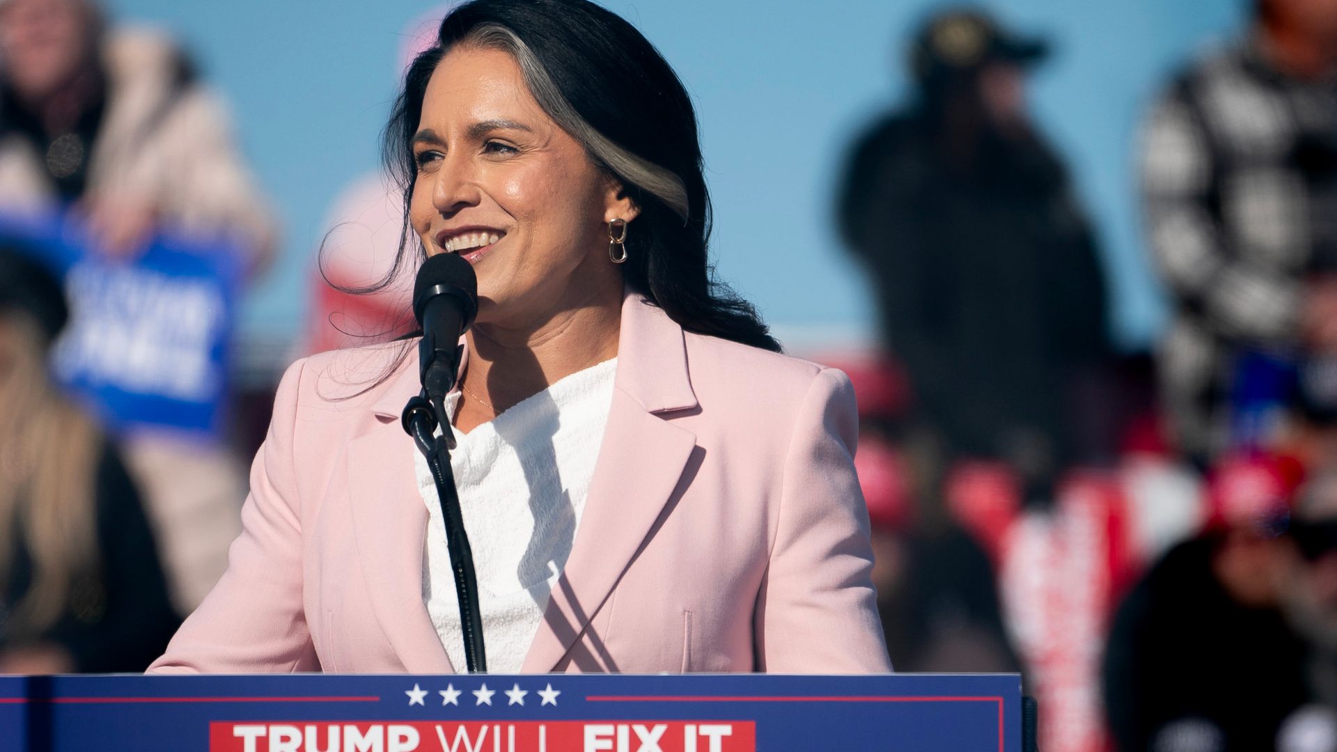 Tulsi Gabbard, former US Representative from Hawaii, during a campaign event with former US President Donald Trump, not pictured, at Fly Advanced in Lititz, Pennsylvania, US, on Sunday, Nov. 3, 2024. Trump and his allies are telling supporters that they're on pace for a runaway victory barring fraud