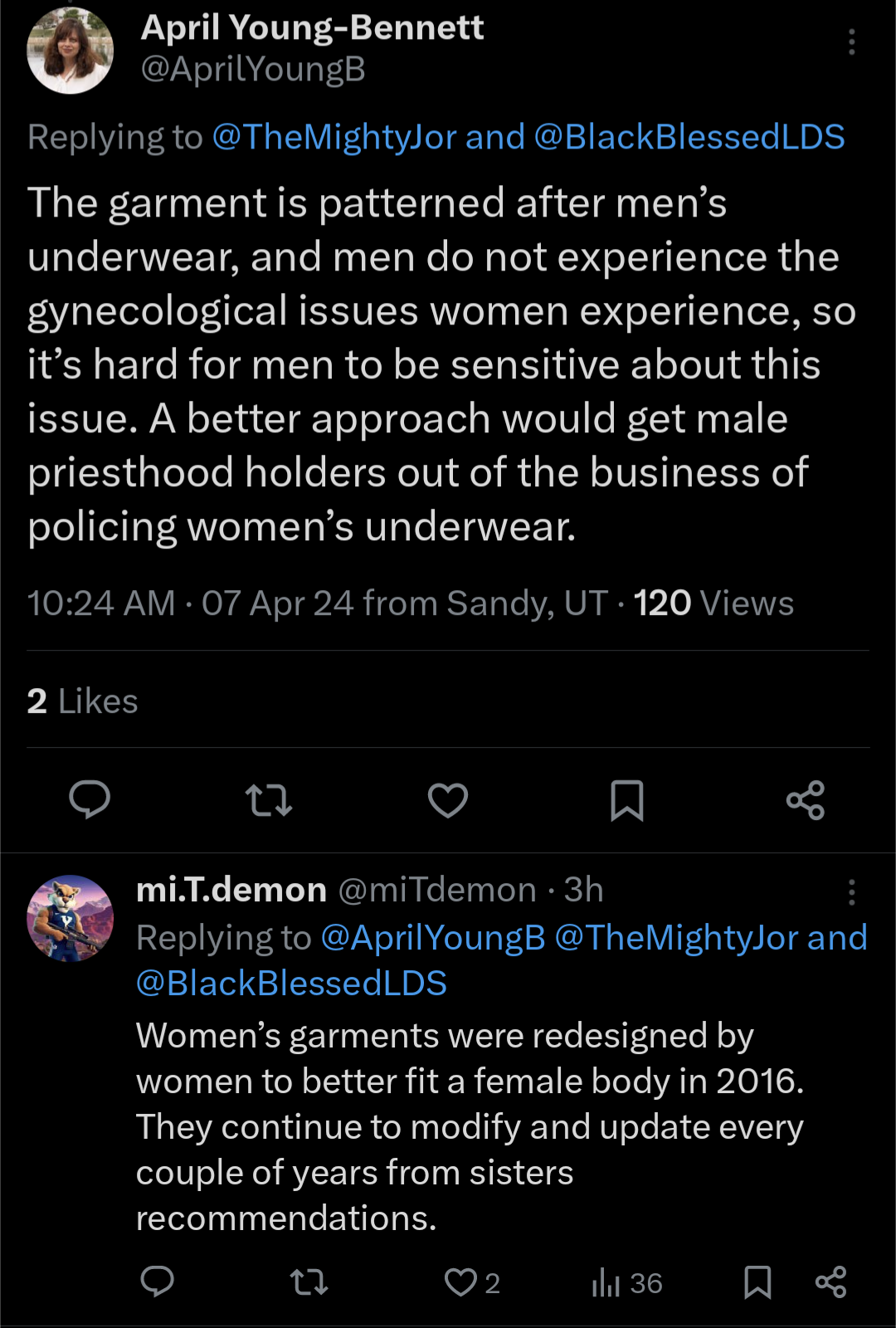 In a post on X, a woman writes "The garment is patterned after men’s underwear, and men do not experience the gynecological issues women experience, so it’s hard for men to be sensitive about this issue. A better approach would get male priesthood holders out of the business of policing women’s underwear." A response from an account with a man in the profile pictures dismisses her concerns.