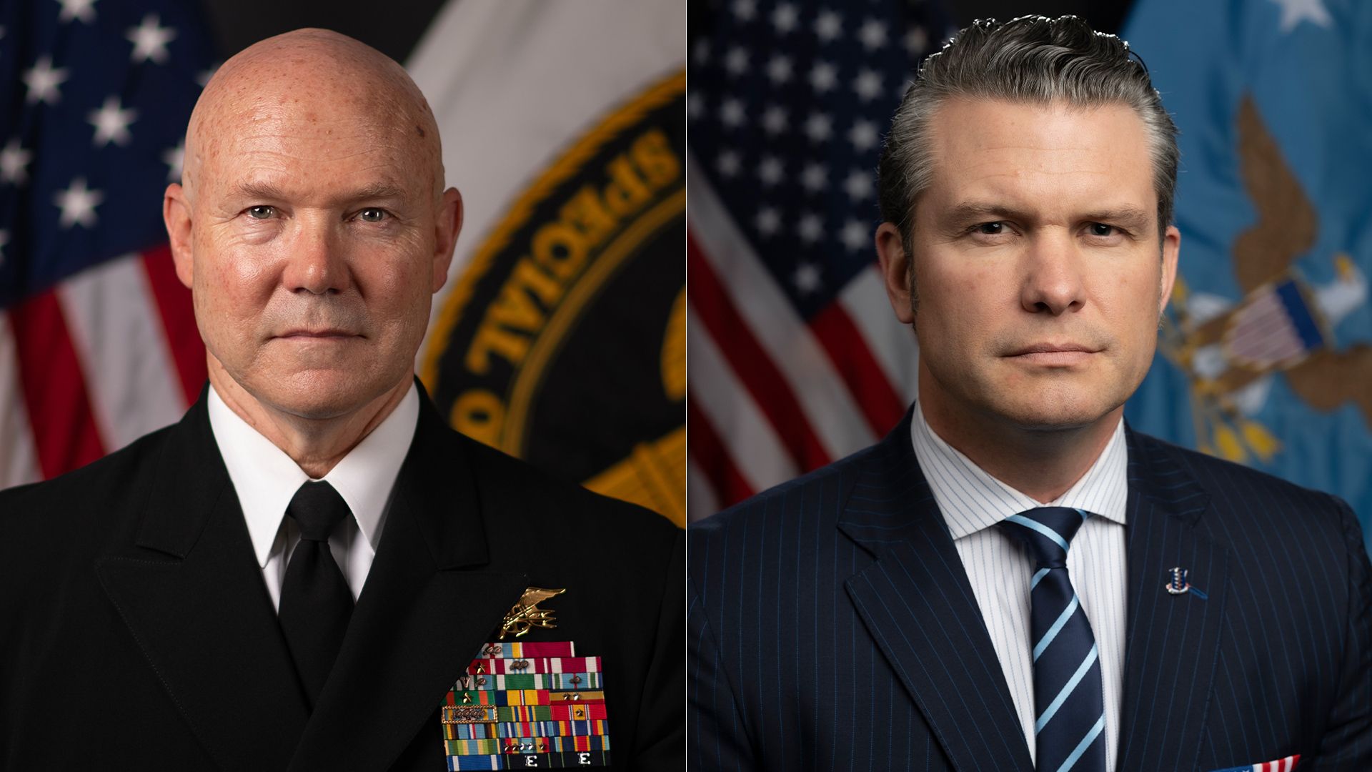 Official portraits of Admiral Frank M. Bradley and War Secretary Pete Hegseth.