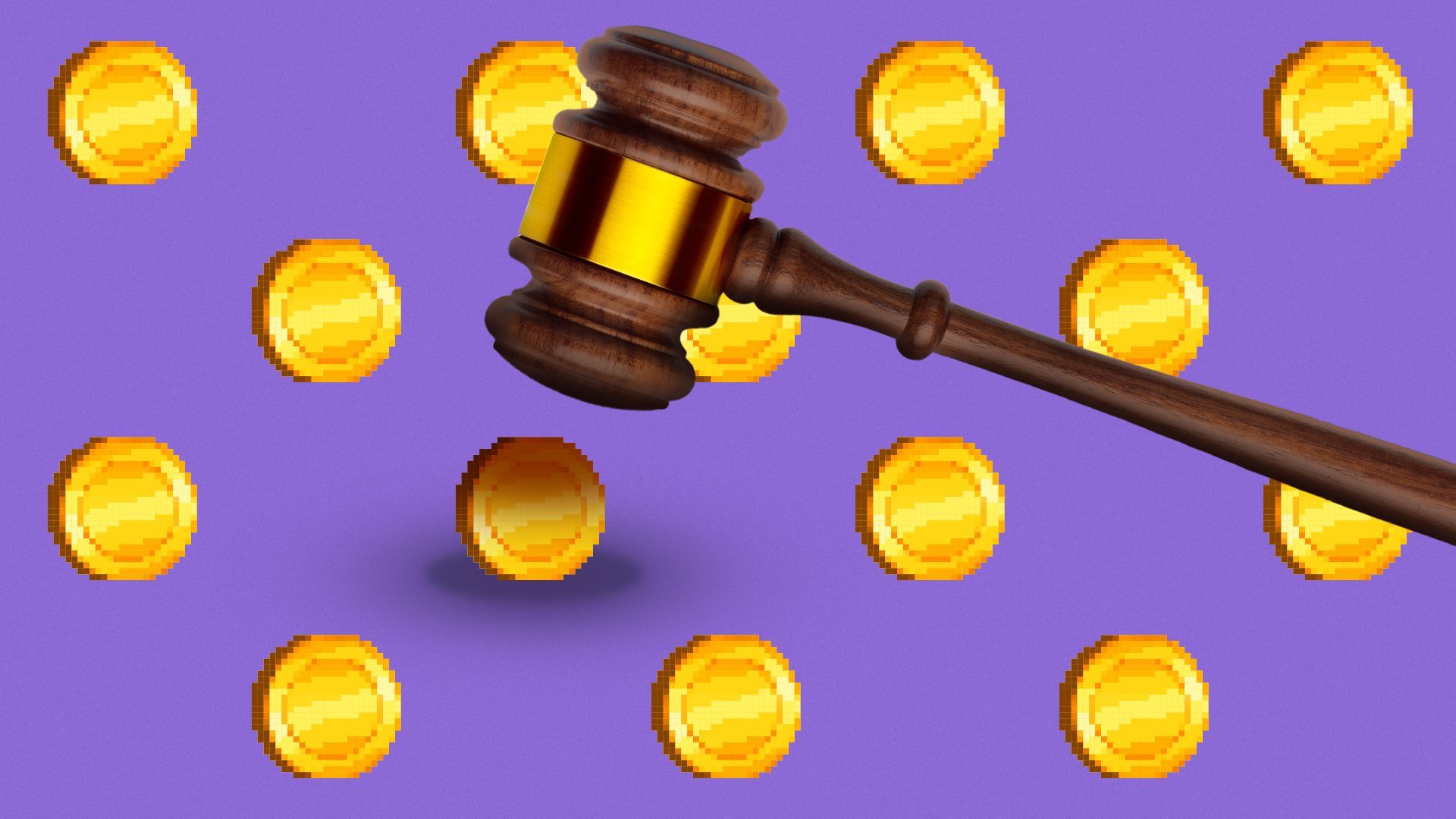 Illustration of a gavel hovering over a pattern of crypto coins about to smash one. 
