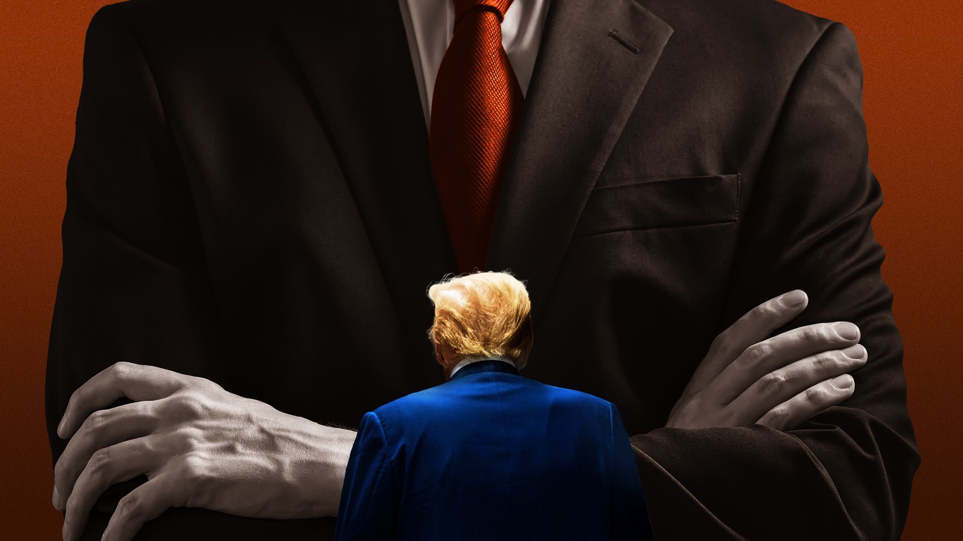 Photo illustration of a large person with arms crossed facing a smaller President Trump