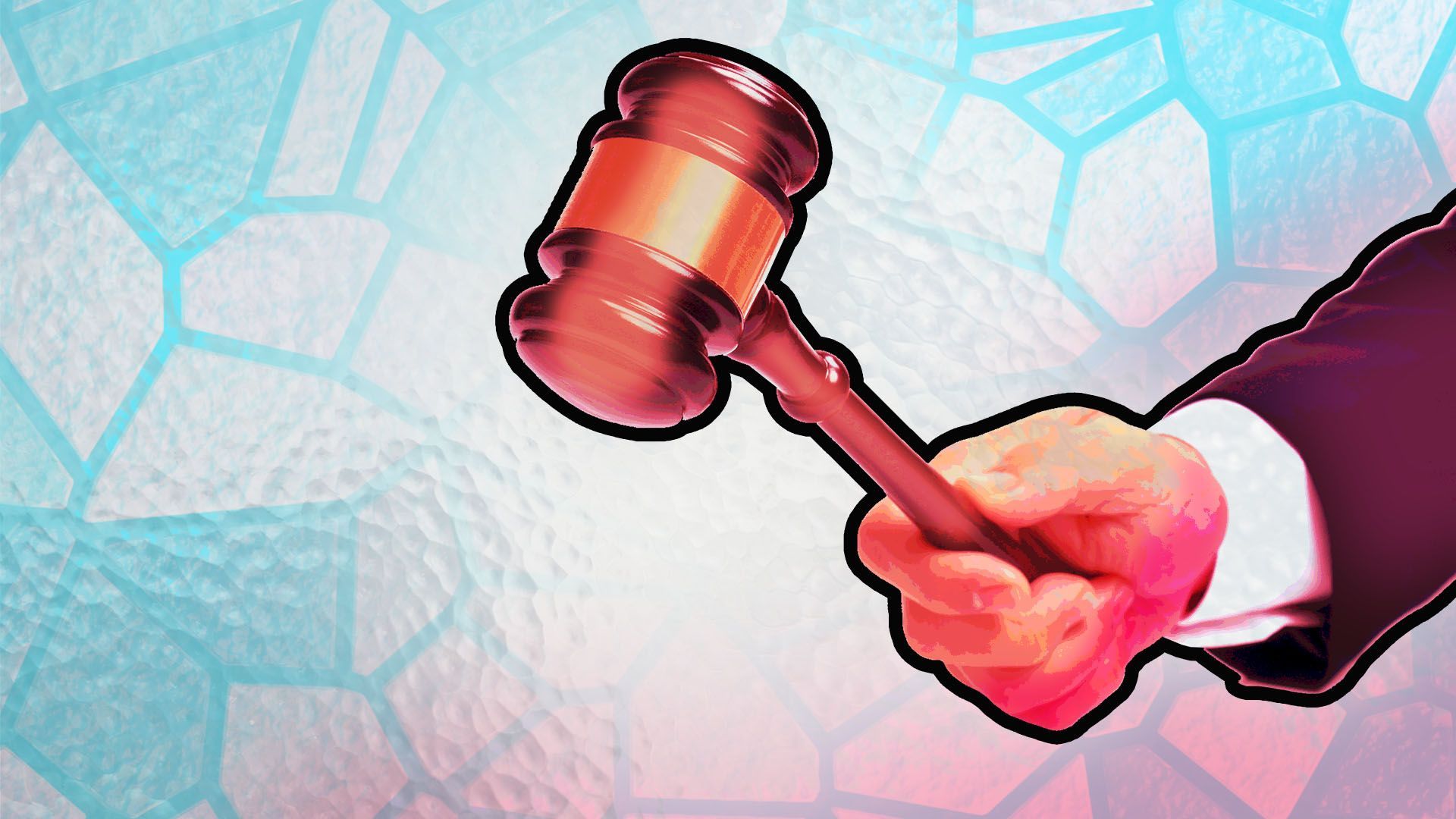 Illustration of a stained glass window featuring a hand with a gavel