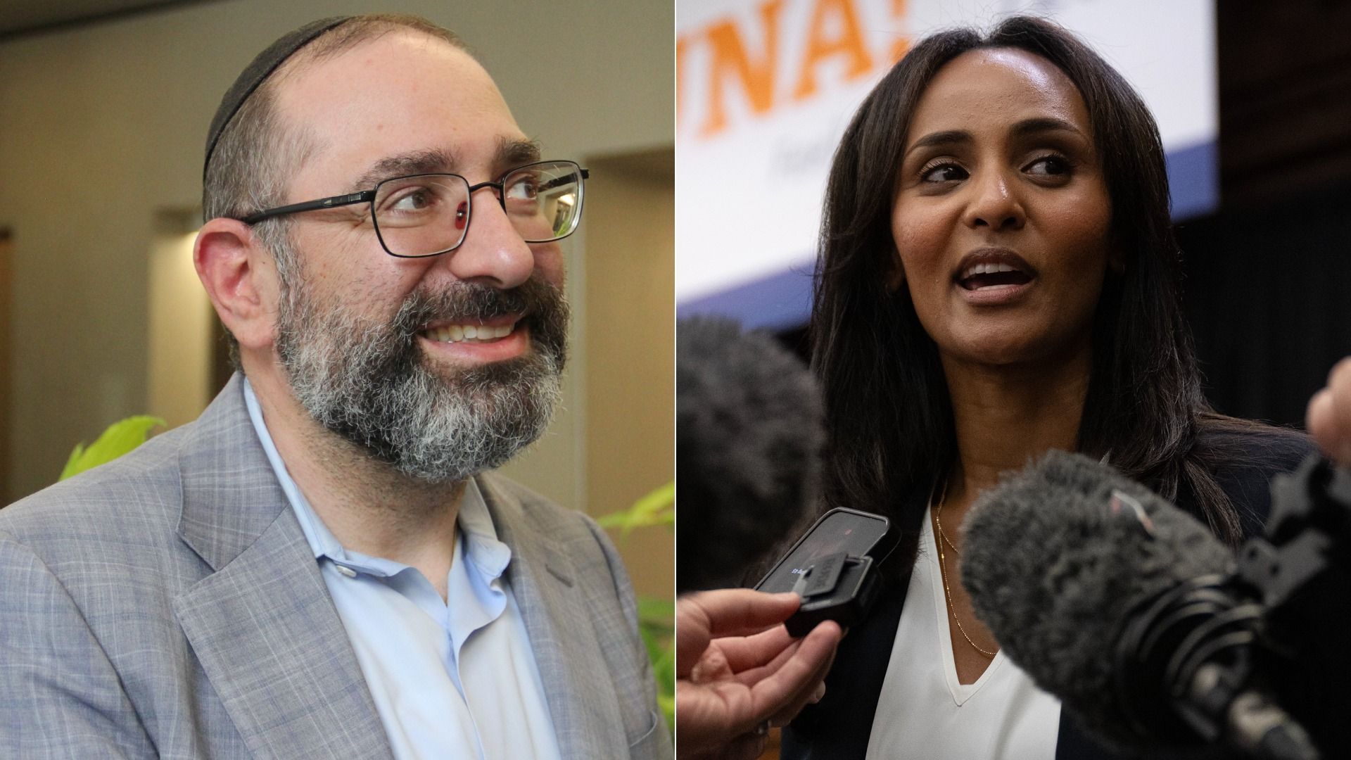 Split image: left shows a bearded man in a gray suit, glasses, and a kippah; right shows a woman with dark hair speaking to reporters, with multiple microphones in front.